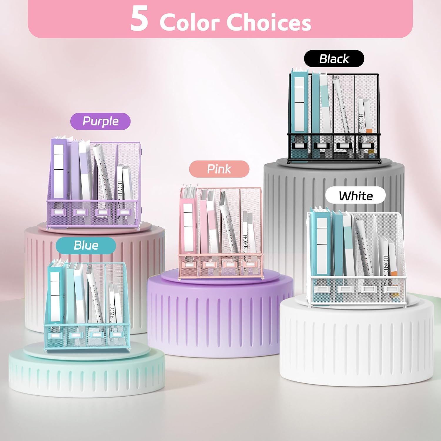 4-Compartment Magazine File Holder and File Organizer for Desk, Pink | Metal Magazine Holder and Magazine File Holder