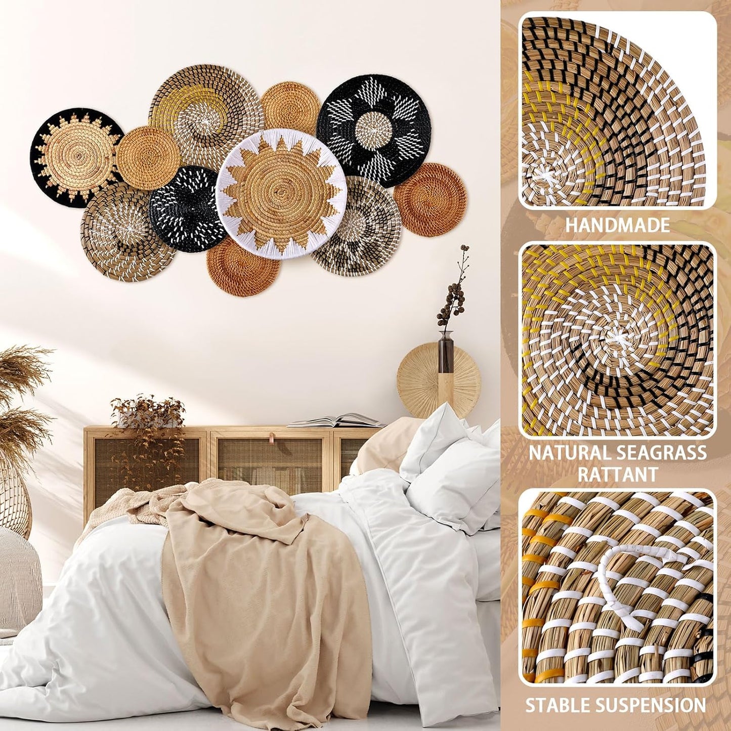 Boho Hanging Wall Basket Decor Handmade Woven Basket Wall Decorative Boho / Stylish / Set of 11