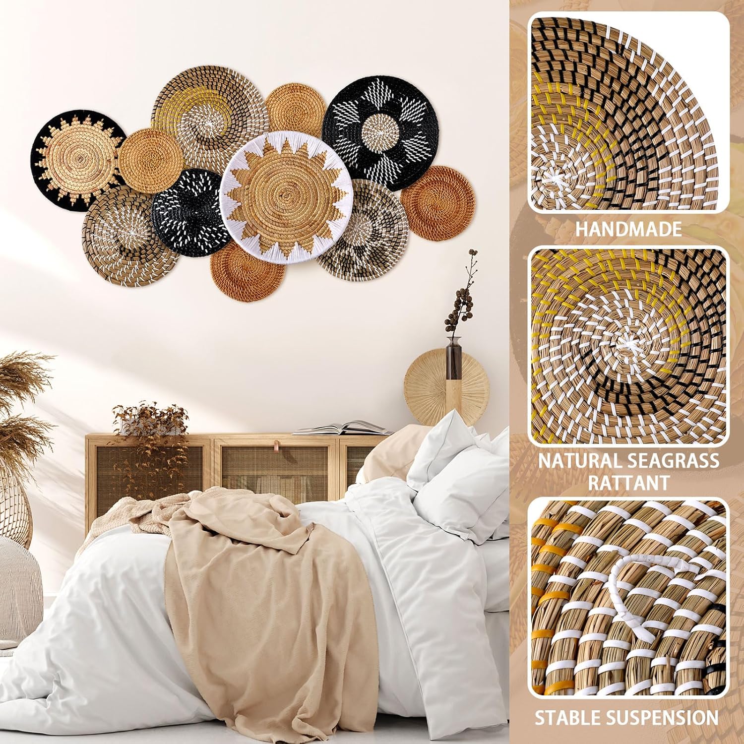 Boho Hanging Wall Basket Decor Handmade Woven Basket Wall Decorative Boho / Stylish / Set of 11