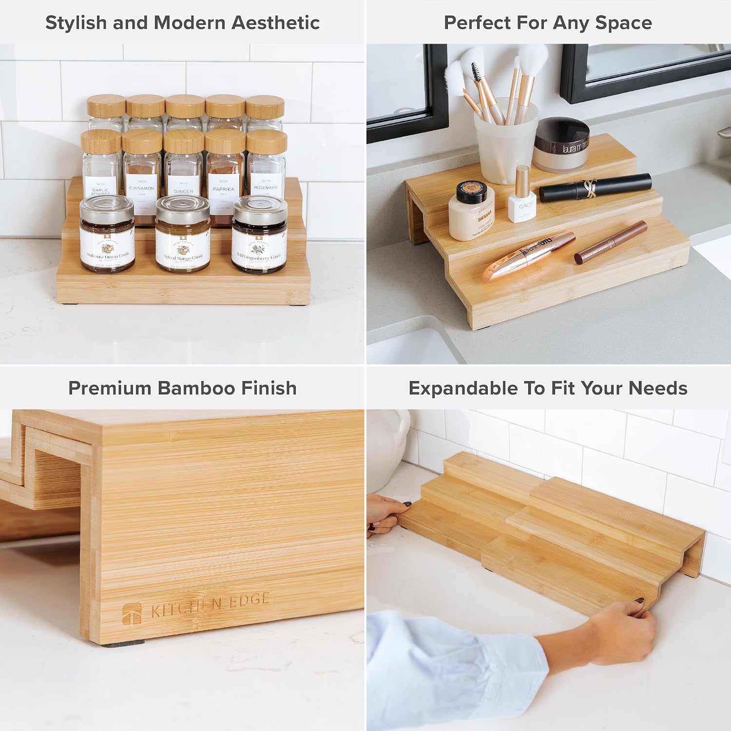 3-Tier Expandable Spice Rack Organizer, Bamboo | Fits 36 spice jars, pantry storage, non-slip feet