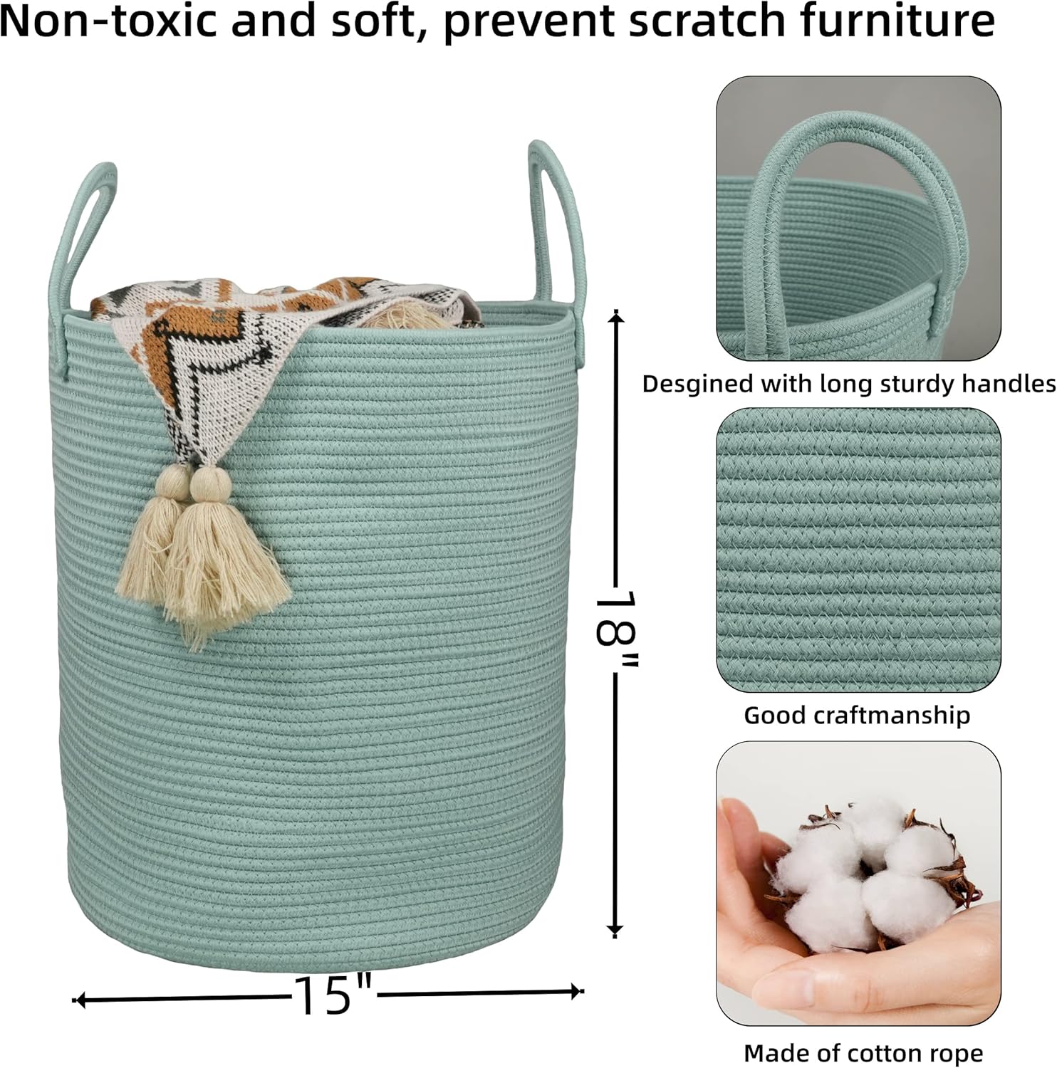 Cotton Rope Laundry Basket Hamper for Clothes Woven Storage Basket / Regular / Light Green