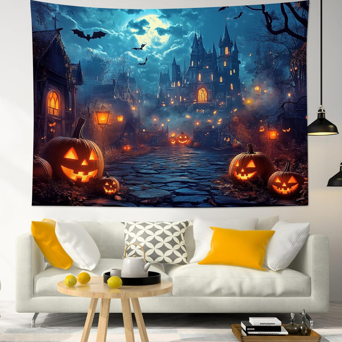 HVEST Horror Halloween Tapestry Wall Hanging Spooky Pumpkin and Gothic Haunted House Wall Art Moon and Scary Bat Tapestry for Bedroom Living Room Dorm Wall Decor, 40L X 60W inches