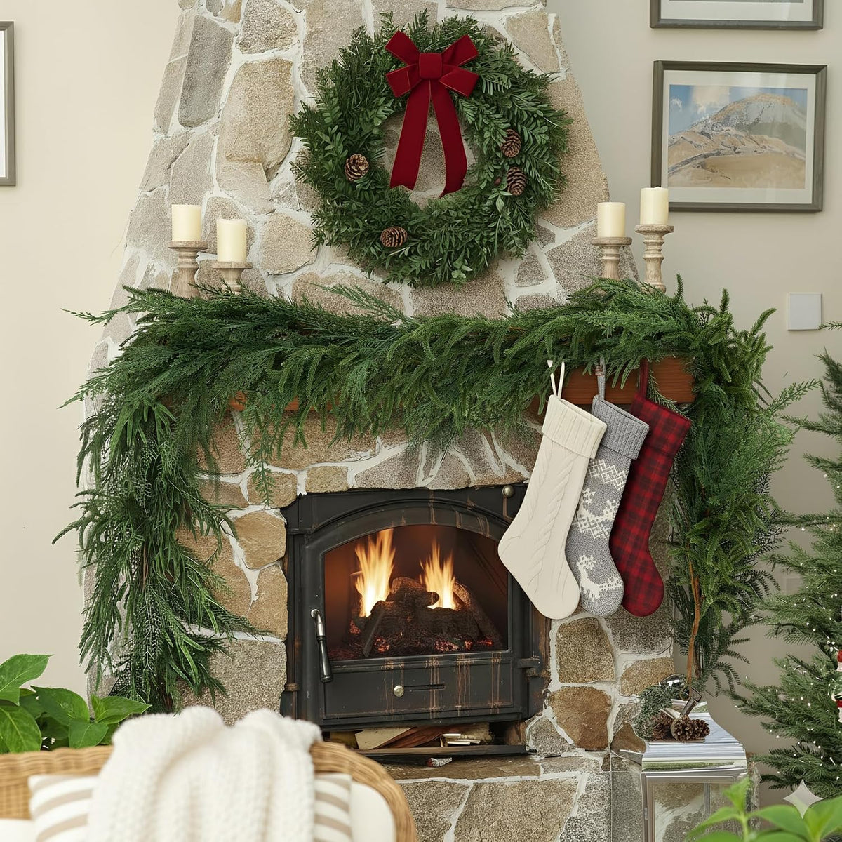 Christmas Norfolk Pine & Cedar Garland - 6 Ft mas Lighted Real Touch Mixed Green Artificial Greenery Garland for Table