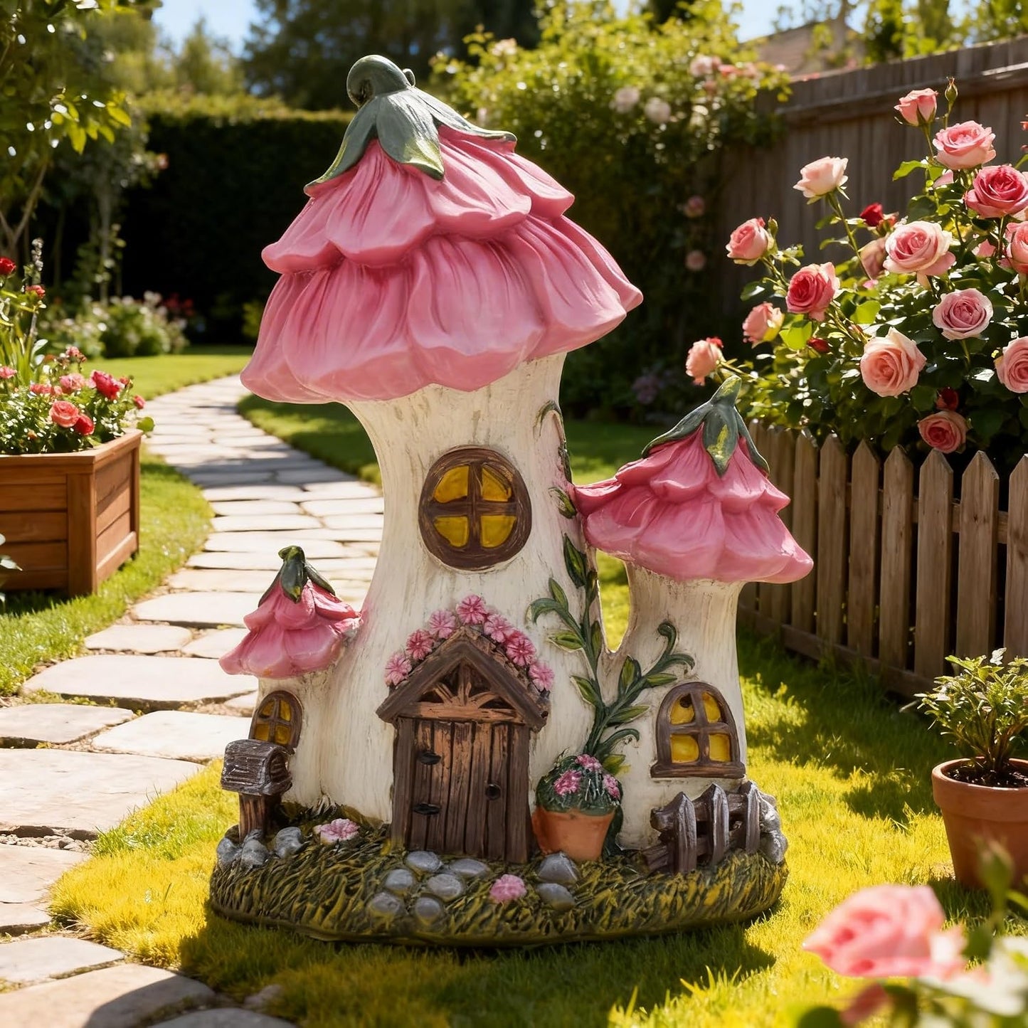 Mushroom House Fairy Garden Statue / Pink / 7.7 Inch