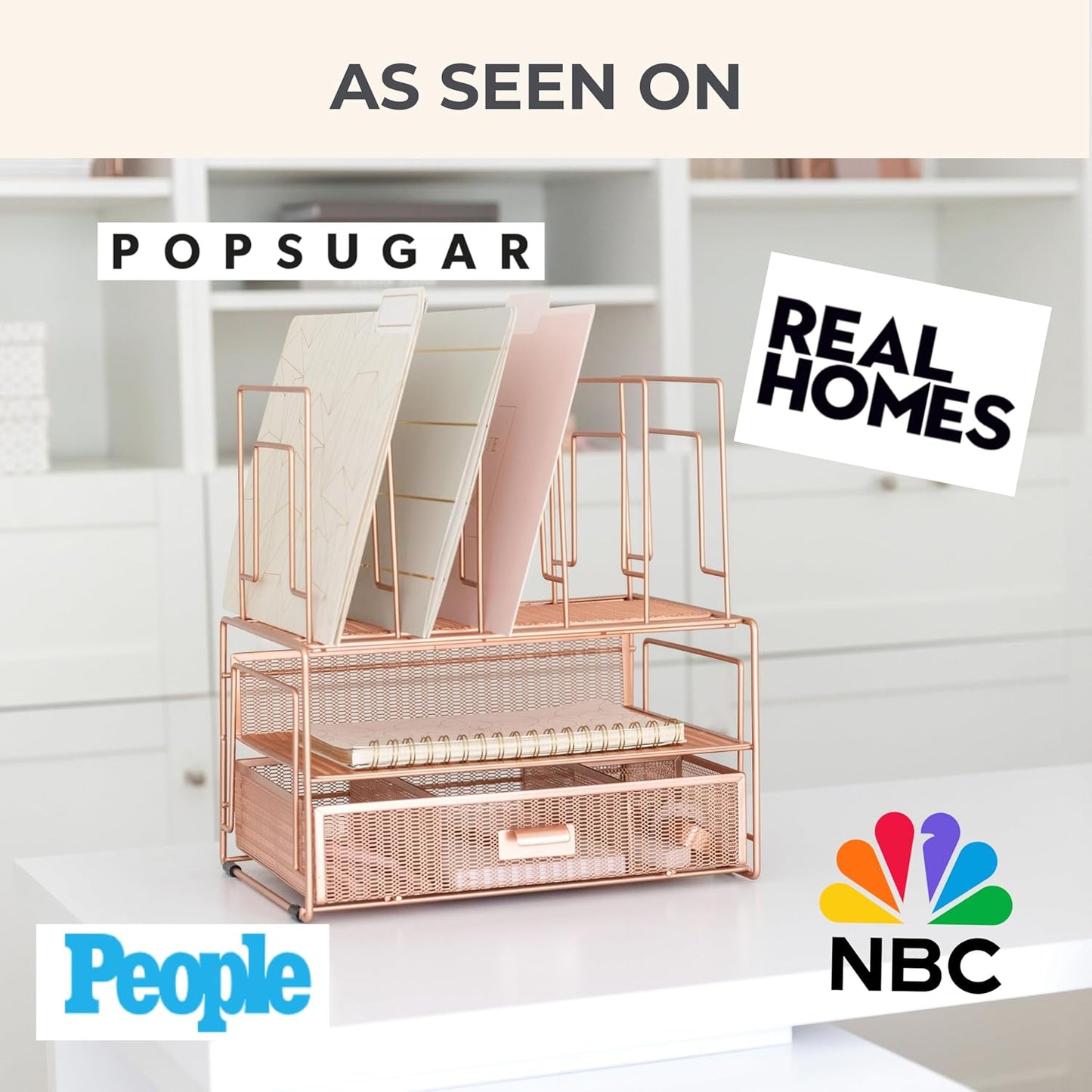 BLU MONACO | Rose Gold Desk Organizer with Drawer | Metal Desk Organizer with File Sorters and Storage Compartments