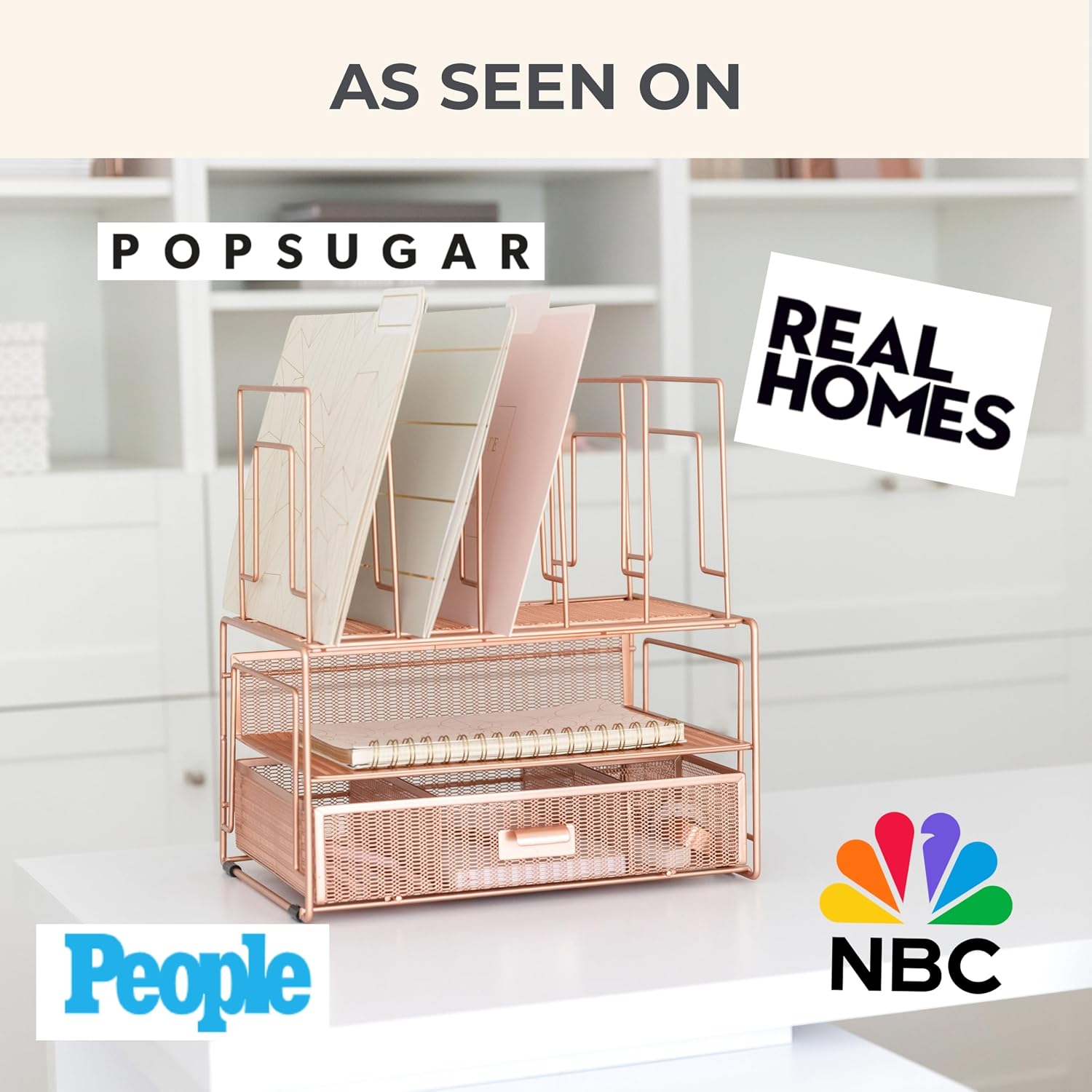 BLU MONACO | Rose Gold Desk Organizer with Drawer | Metal Desk Organizer with File Sorters and Storage Compartments