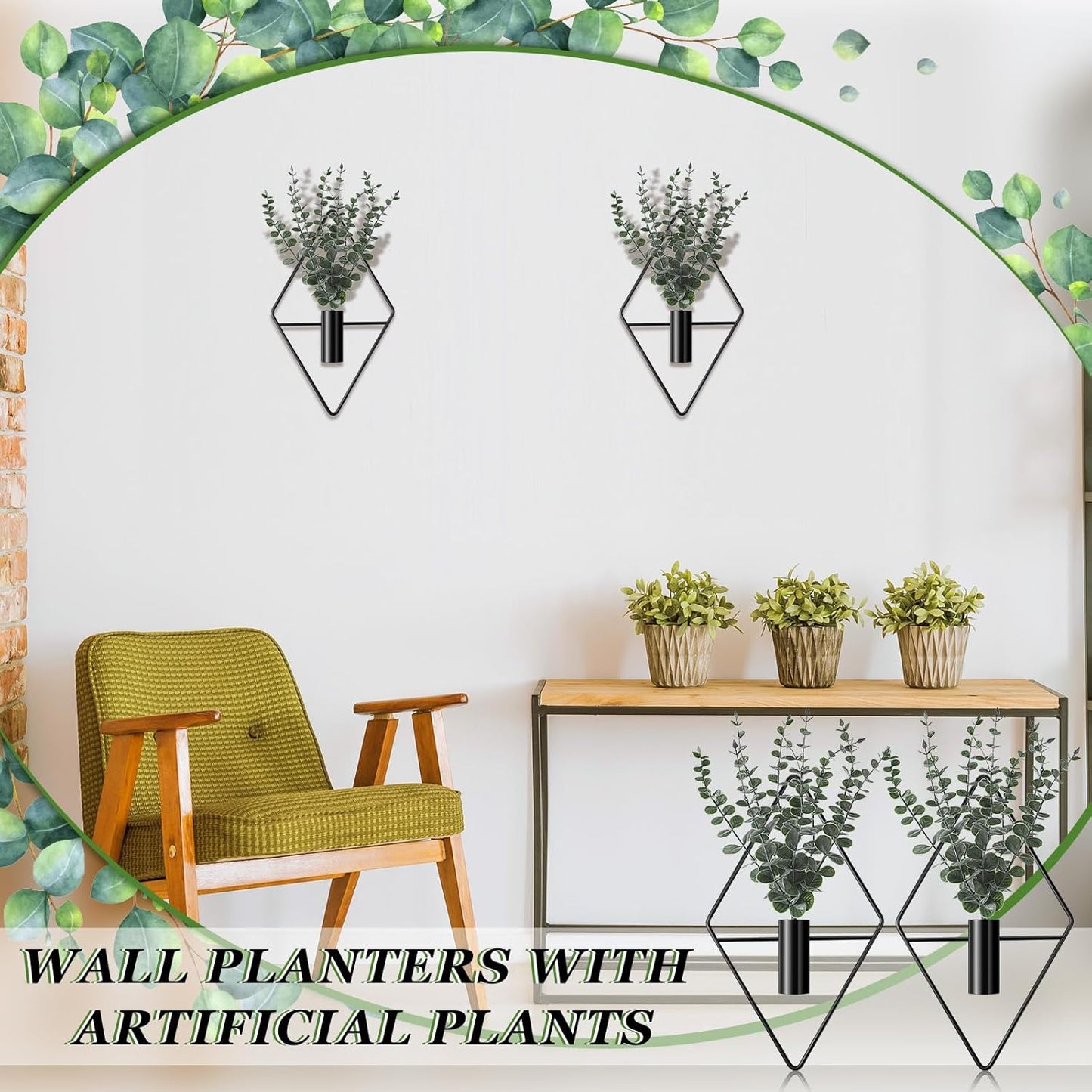 Artificial Metal Hanging Vase Indoor Plants Holder Modern Geometric / Black / Eucalyptus / Set of 4