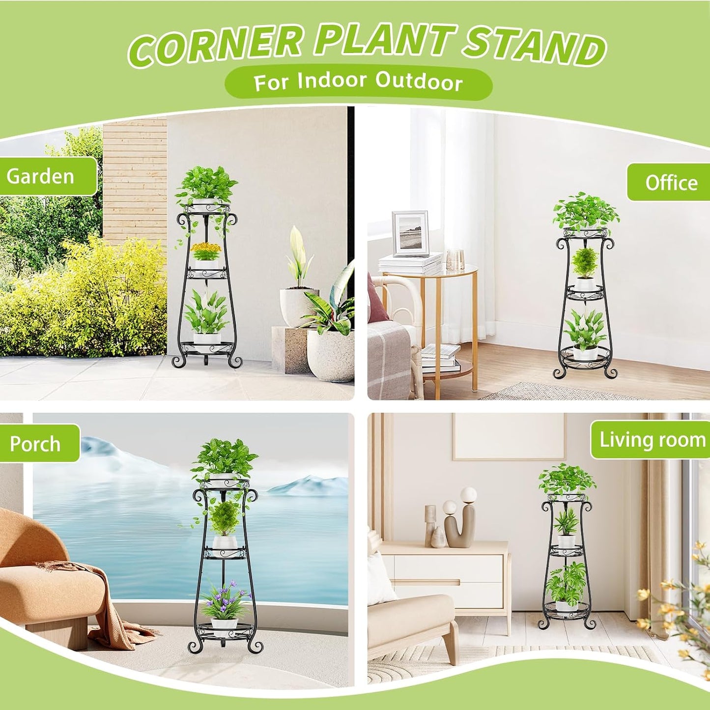KMOTASUO 3 Tier Metal Plant Stand Tall for Indoor Outdoor Corner, Black | Heavy Duty Flower Holder Rack, Modern