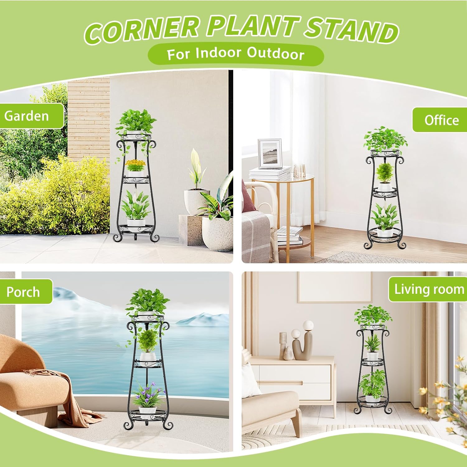 KMOTASUO 3 Tier Metal Plant Stand Tall for Indoor Outdoor Corner, Black | Heavy Duty Flower Holder Rack, Modern