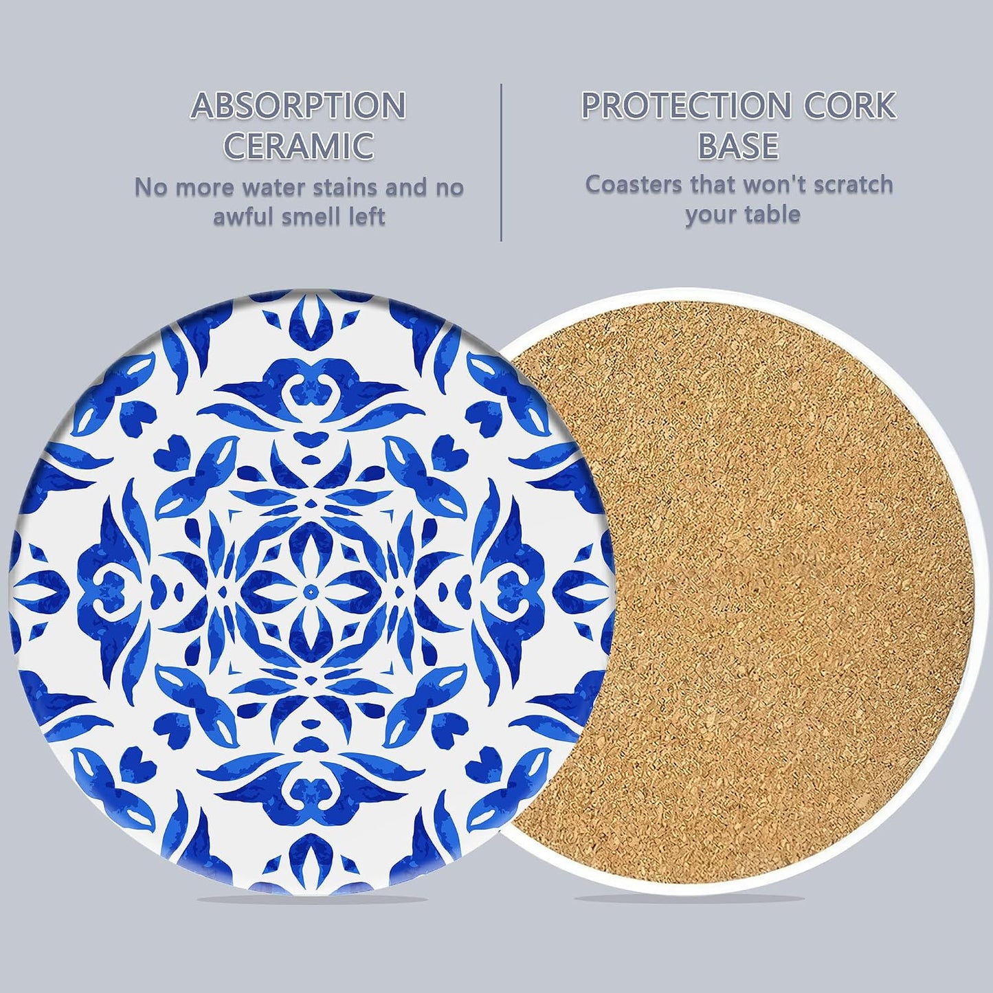 Holder / Absorbent Ceramic Coasters / Handpainted Blue Pattern / Set of 6