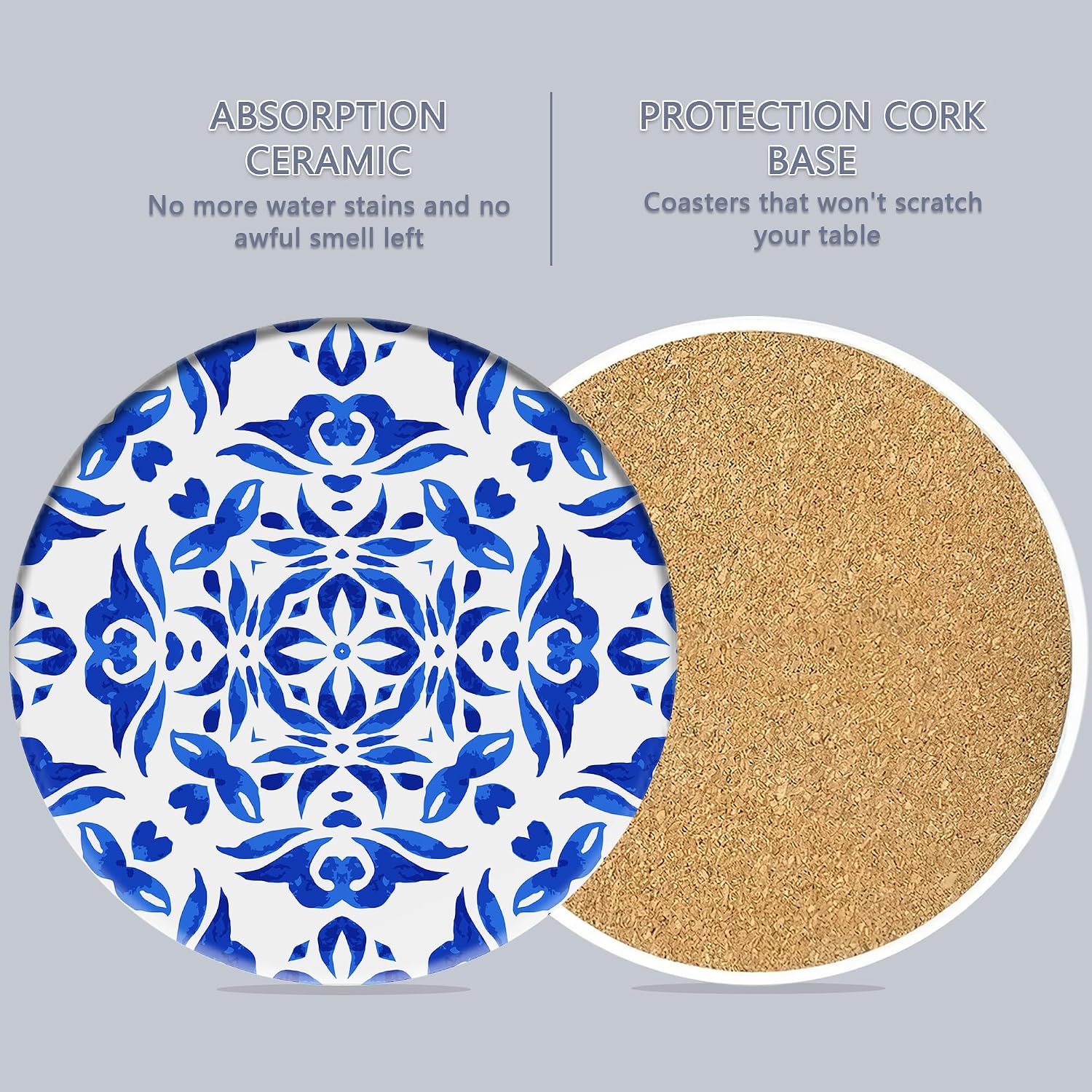 Holder / Absorbent Ceramic Coasters / Handpainted Blue Pattern / Set of 6