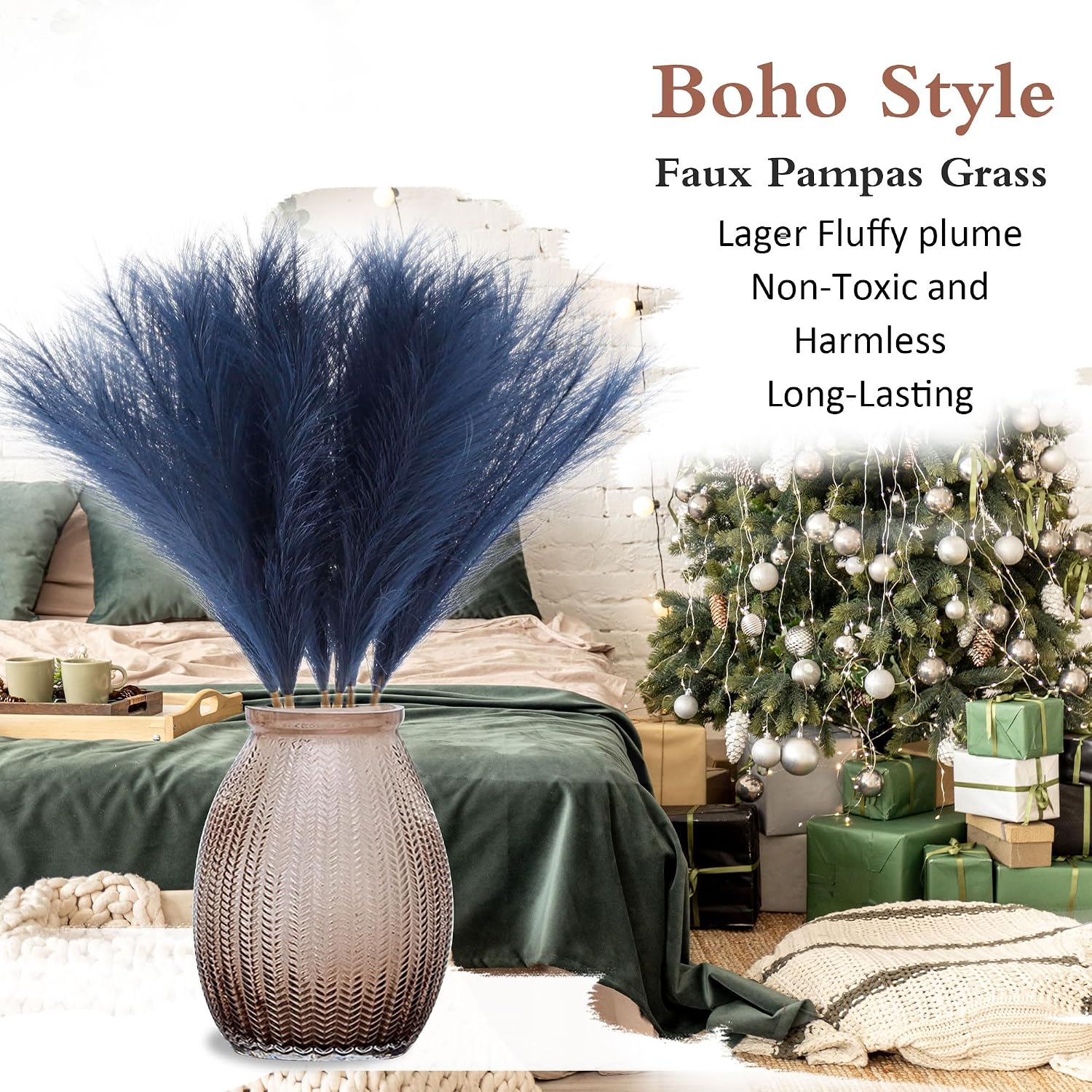 Artificial Fake Flower Boho Decor Bulrush Reed Grass / Navy Blue / 27.6 Inch / Set of 6