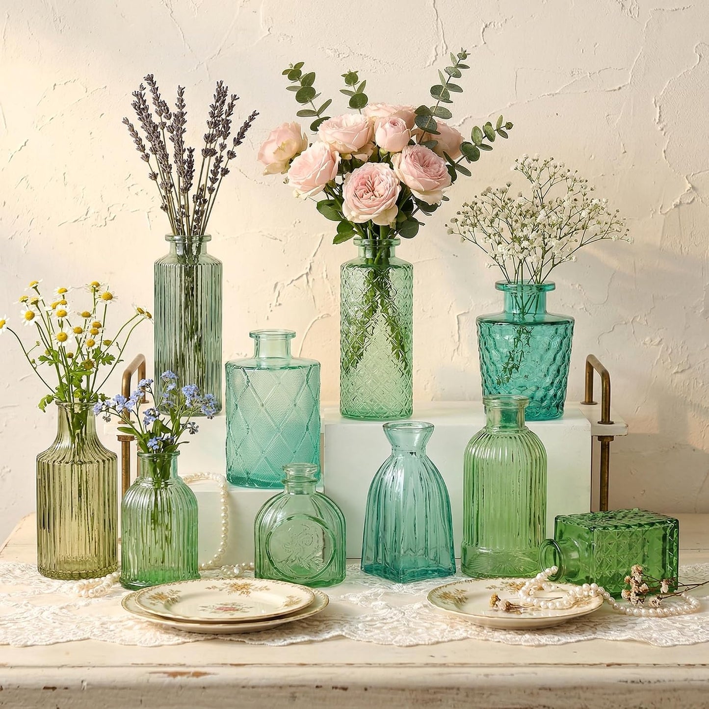 Green Glass Bud Vases / Green Series / Set of 15