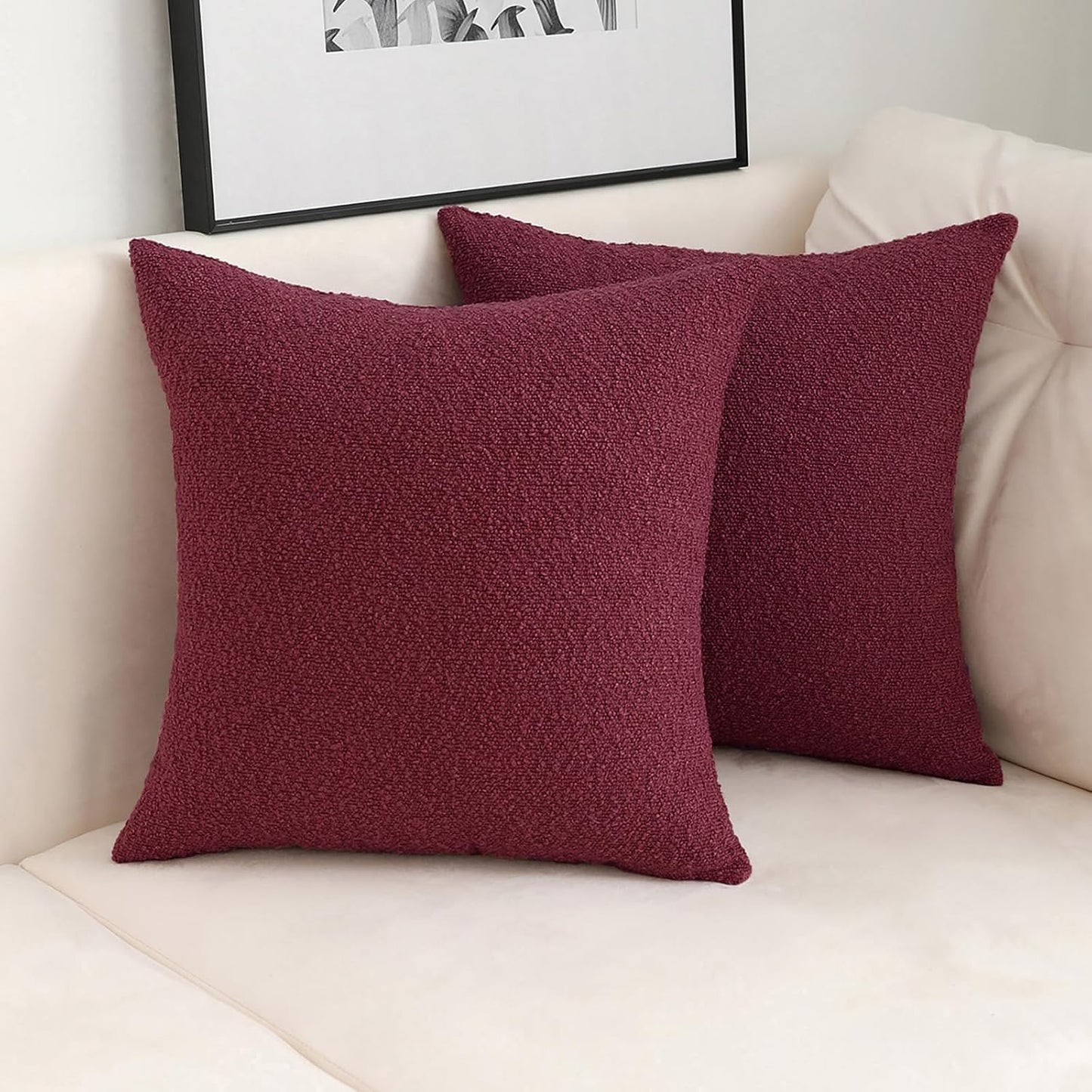 Decorative Square Thick Throw Pillow Covers Fine Textured Boucle / Burgundy Red / 18 x 18 / Set of 2