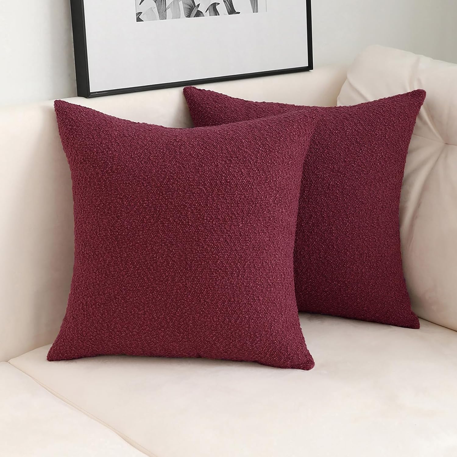 Decorative Square Thick Throw Pillow Covers Fine Textured Boucle / Burgundy Red / 18 x 18 / Set of 2