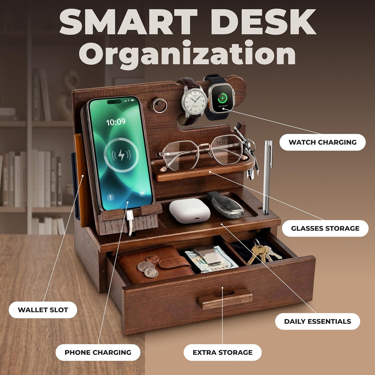 TESLYAR Wood Phone Docking Station with Drawer - Nightstand Organizer - Desk Organizer for Husband - Birthday Gifts for