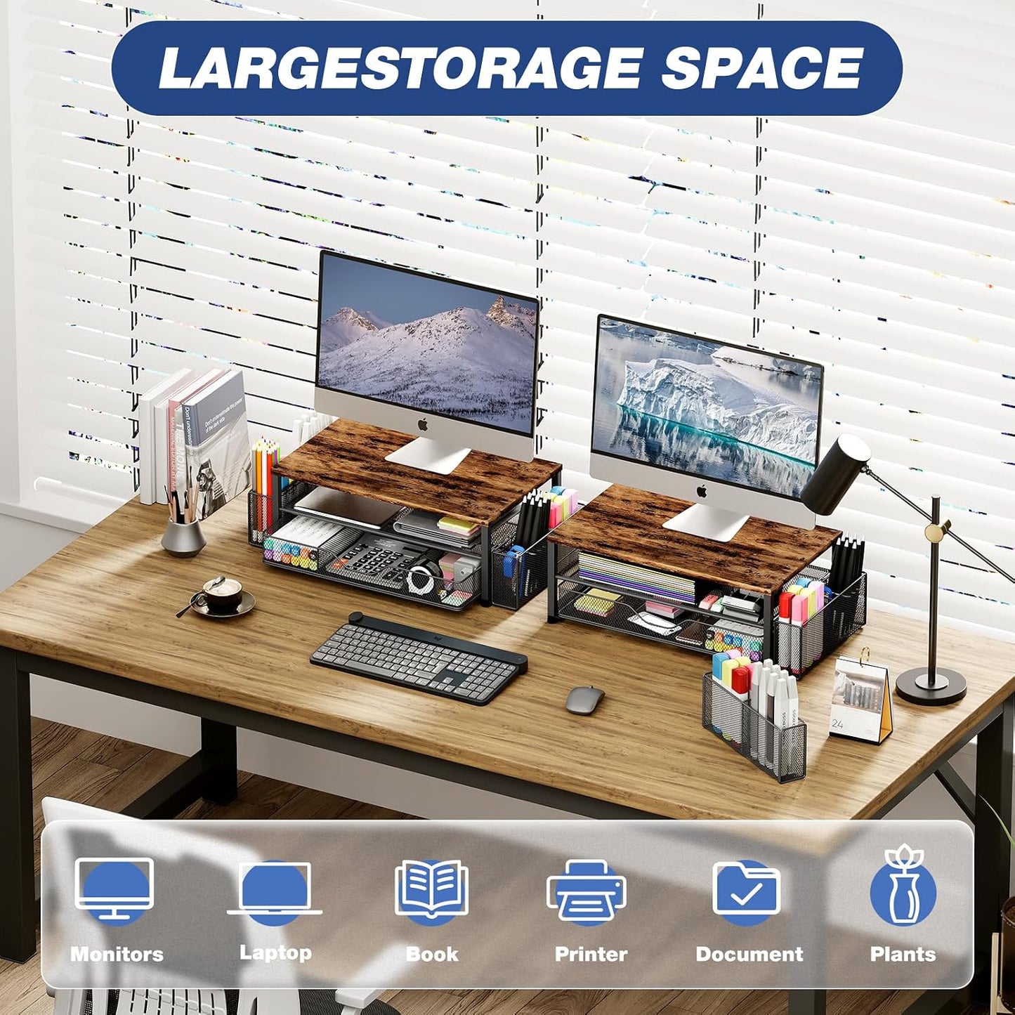 Desk Organizer and Accessories, 2-Tier Computer Monitor Stand Riser with Drawer and 2 Pen Holders, Laptop Stand, Office