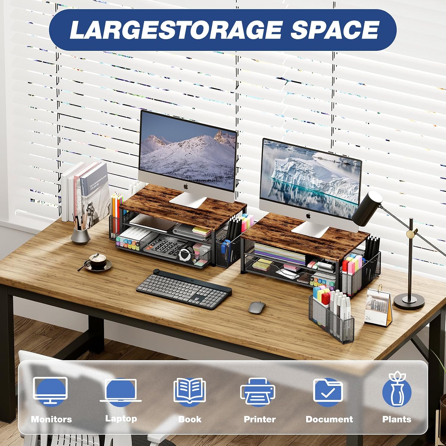 Desk Organizer and Accessories, 2-Tier Computer Monitor Stand Riser with Drawer and 2 Pen Holders, Laptop Stand, Office
