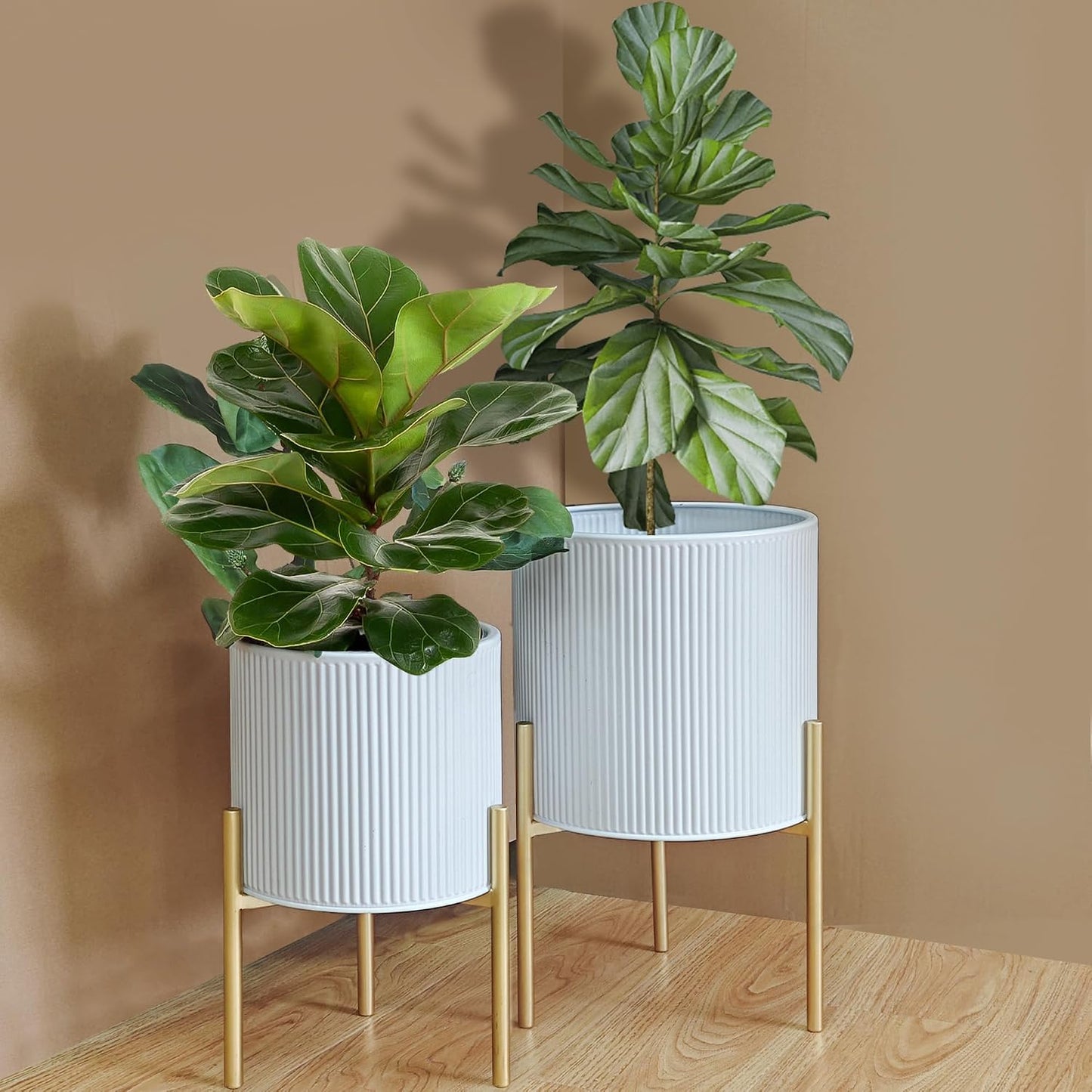 ARNIS Modern Plant Pots, Set of 2 Round Large Planters with Stand, Large Size Metal Pots with Drainage Holes for Living