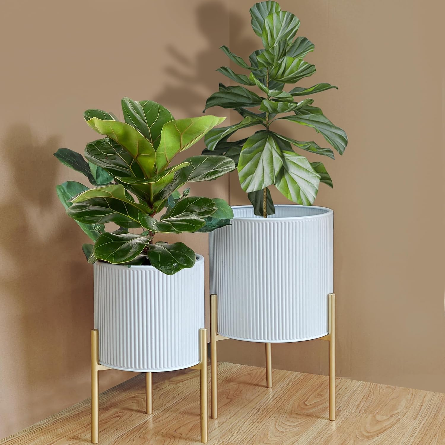 ARNIS Modern Plant Pots, Set of 2 Round Large Planters with Stand, Large Size Metal Pots with Drainage Holes for Living
