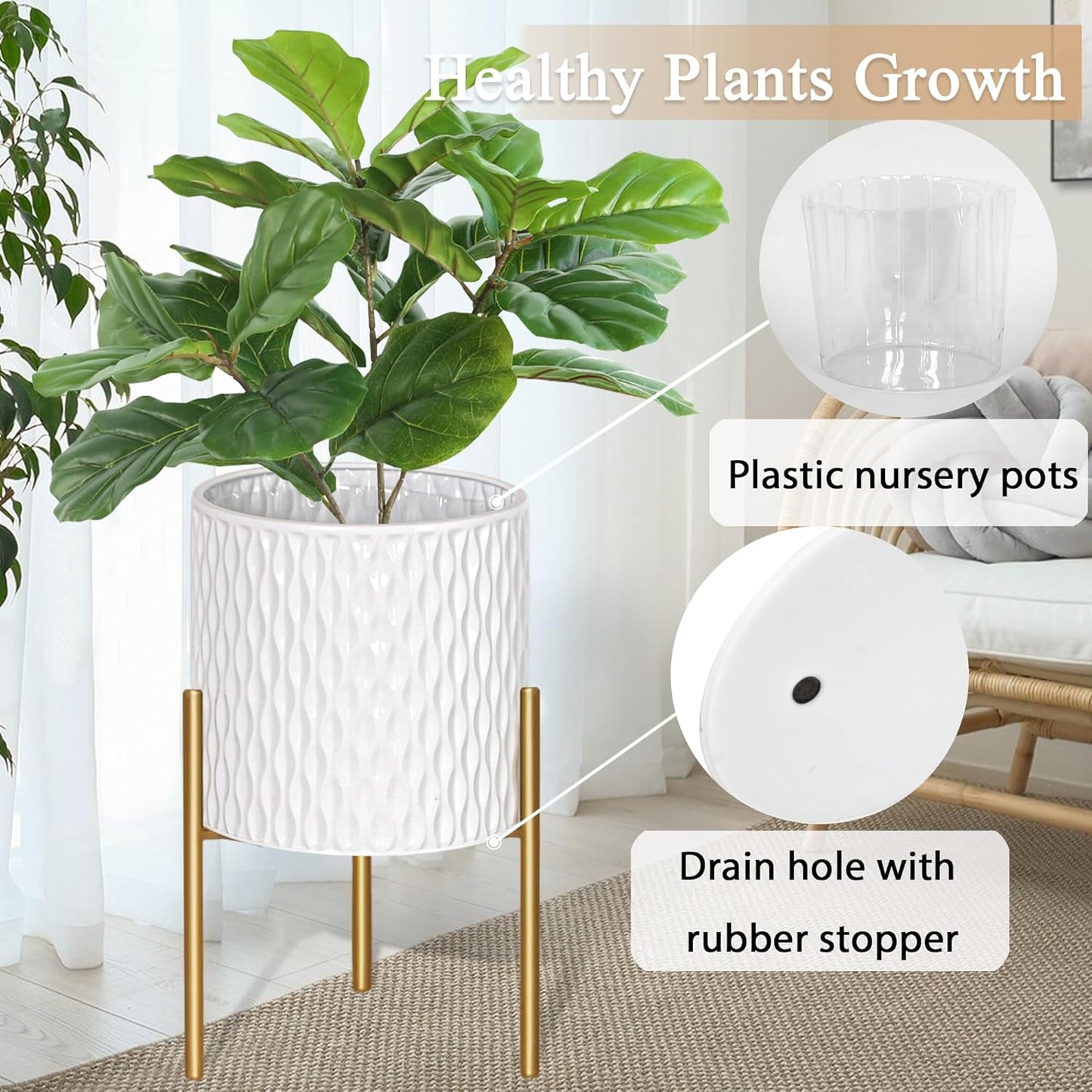 ARNIS Plants Pots with Stand, Set of 2 P lanters, Unique Mid Century Decorative Metal Flower Pots with Drainage, 8.25 &