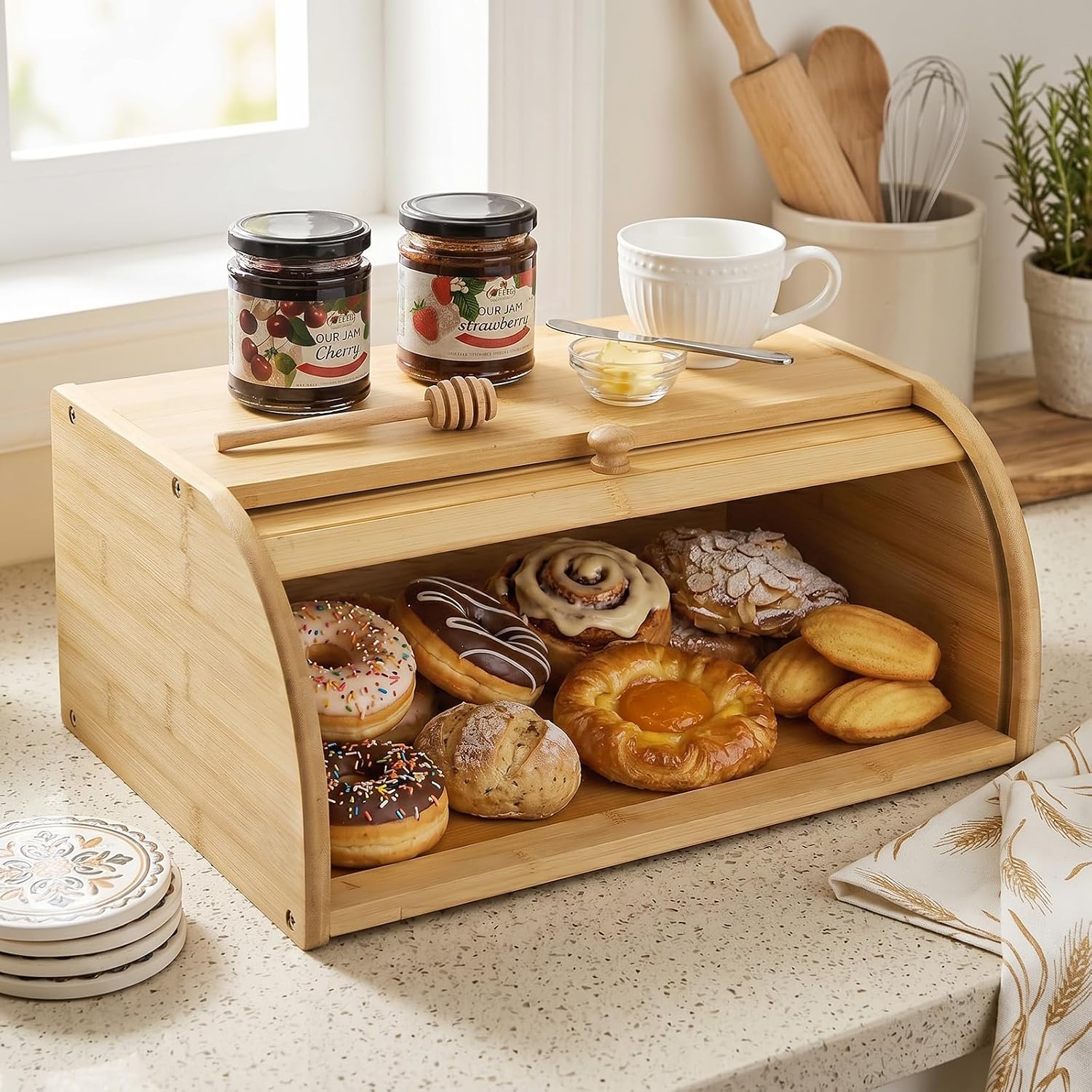 Lawei Bamboo Bread Box, Large Natural Roll Top Wood Bread Box, Countertop Bread Storage Bin, Bread Boxes Holder for