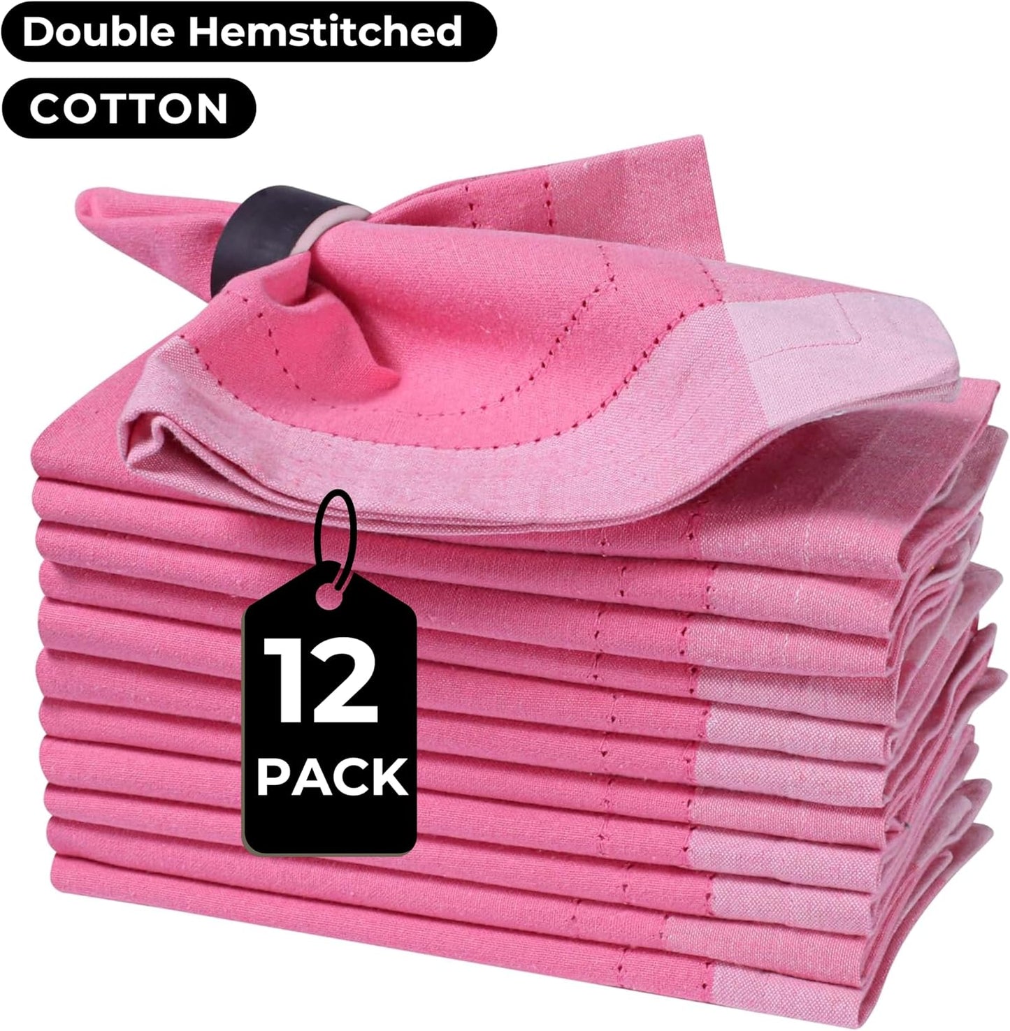 Bedding Craft Cotton Cloth Dinner Napkins Set of 12 – 20x20 Pink Multi Double Hemstitched – Machine Washable Fabric