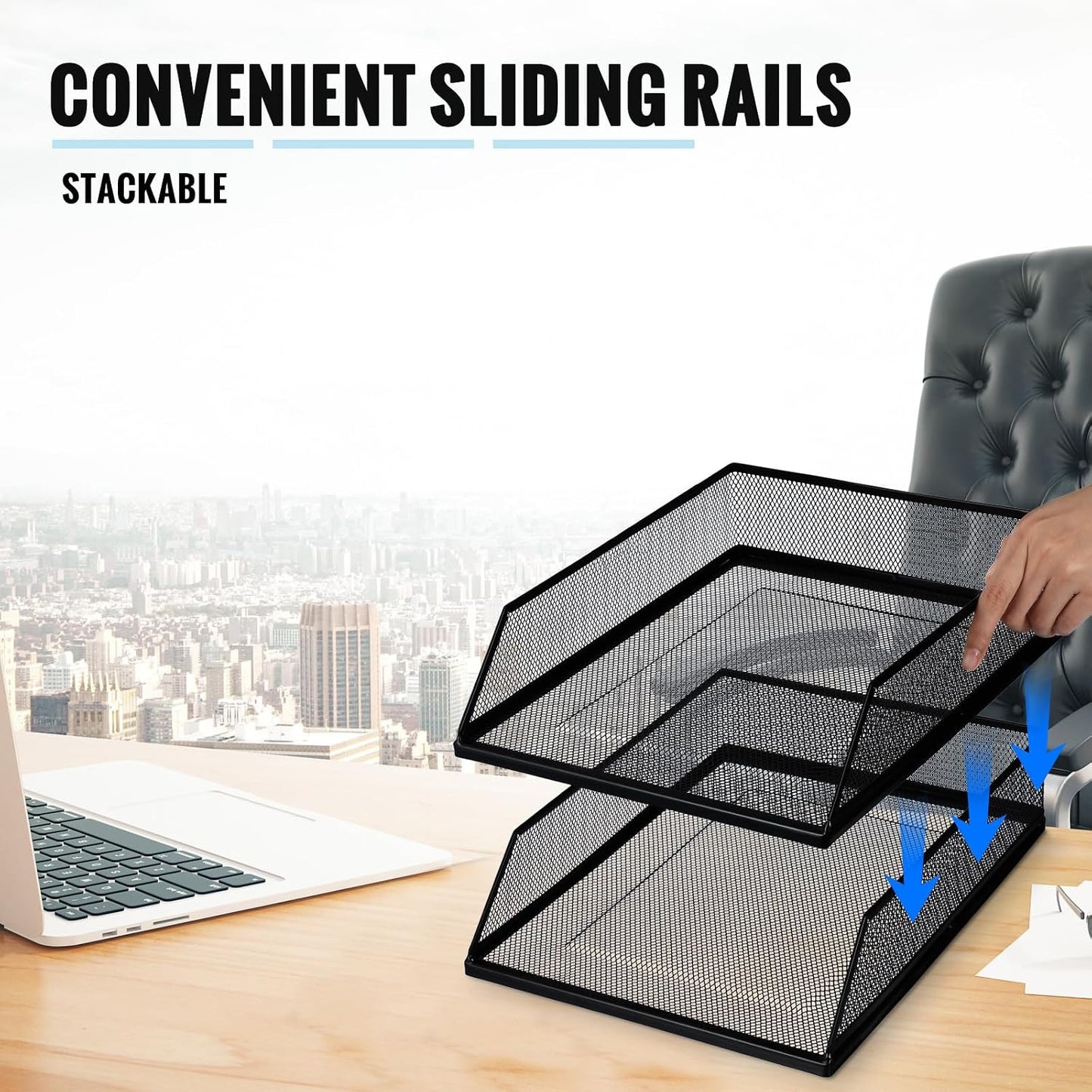Hicarer 2 Pcs Black Metal Letter Tray Stackable Desk Tray Single Wire Mesh Organizer Front Load File Paper Holder for