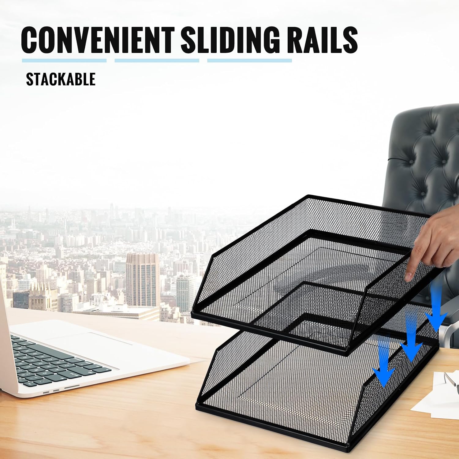 Hicarer 2 Pcs Black Metal Letter Tray Stackable Desk Tray Single Wire Mesh Organizer Front Load File Paper Holder for