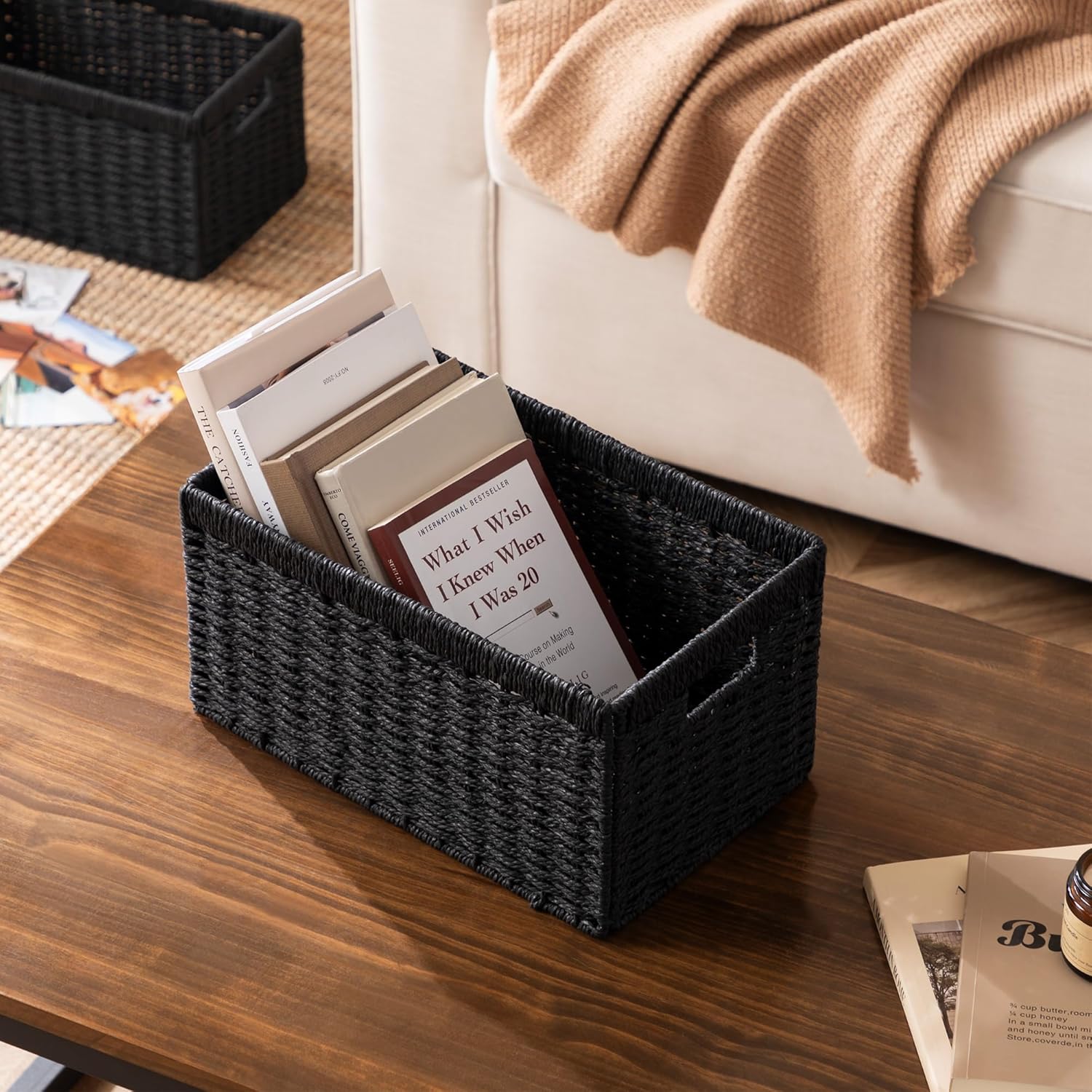 Wicker Basket / 13.4Lx8. W Woven Paper Rope Storage Baskets / Black / Medium / 3 x 7.1 / Set of 2
