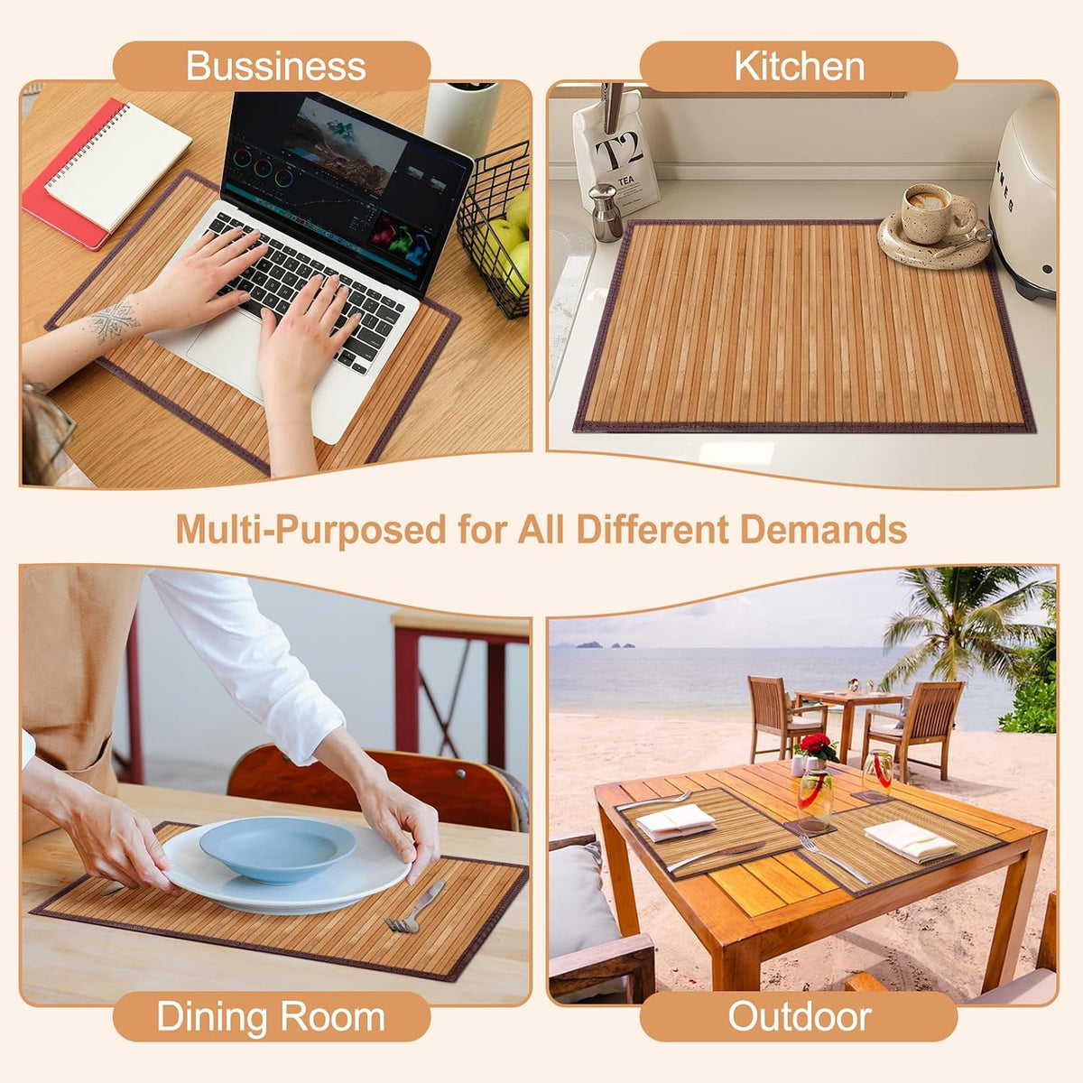 Bamboo Placemats Set of 8 with Fabric Border, Table Mats, Camel | 18" x 12", Natural Bamboo Rectangular Place Mat, for