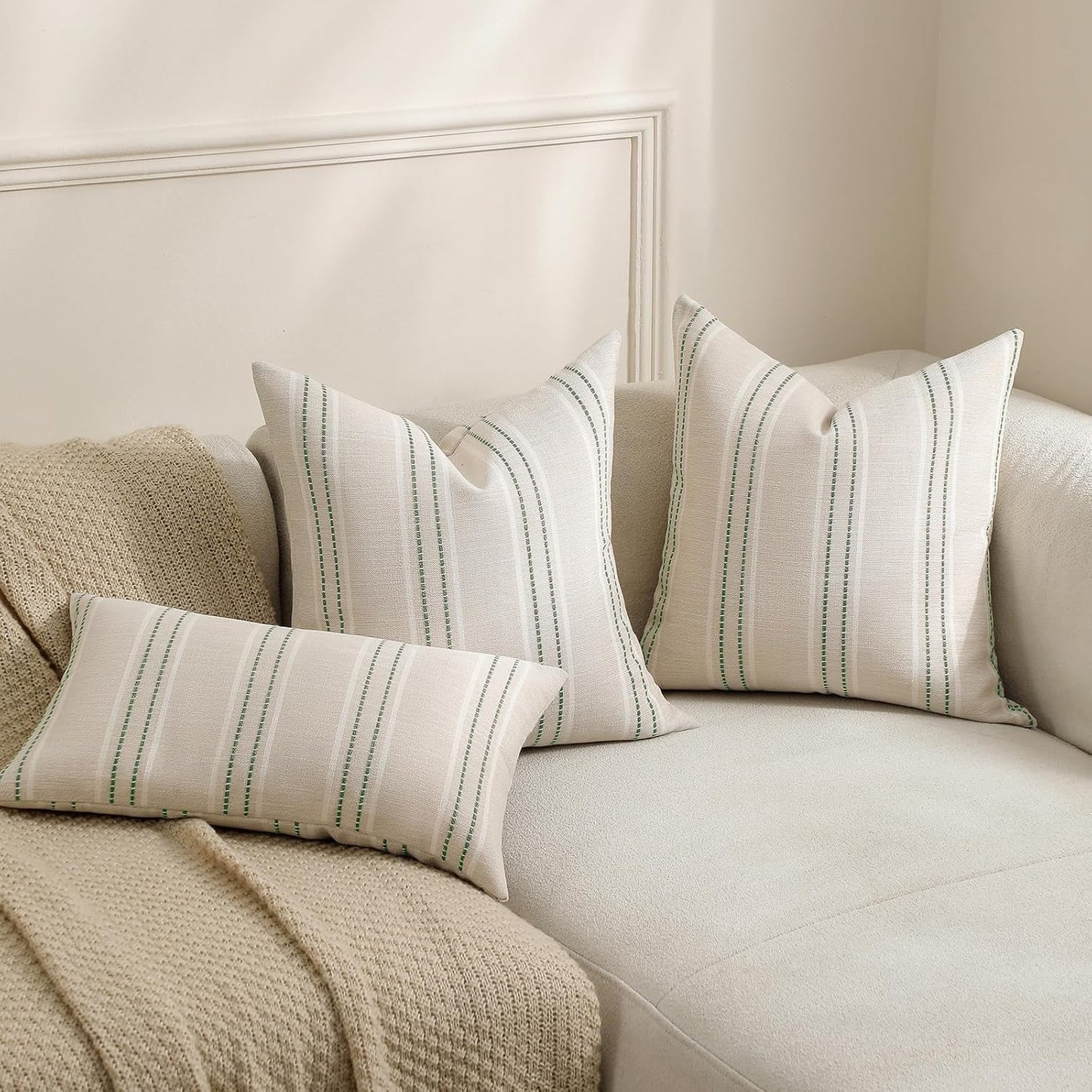 Spring Decorative Pillow Covers Striped Throw Pillows Textured Linen / Green / 18 x 18 / Set of 2