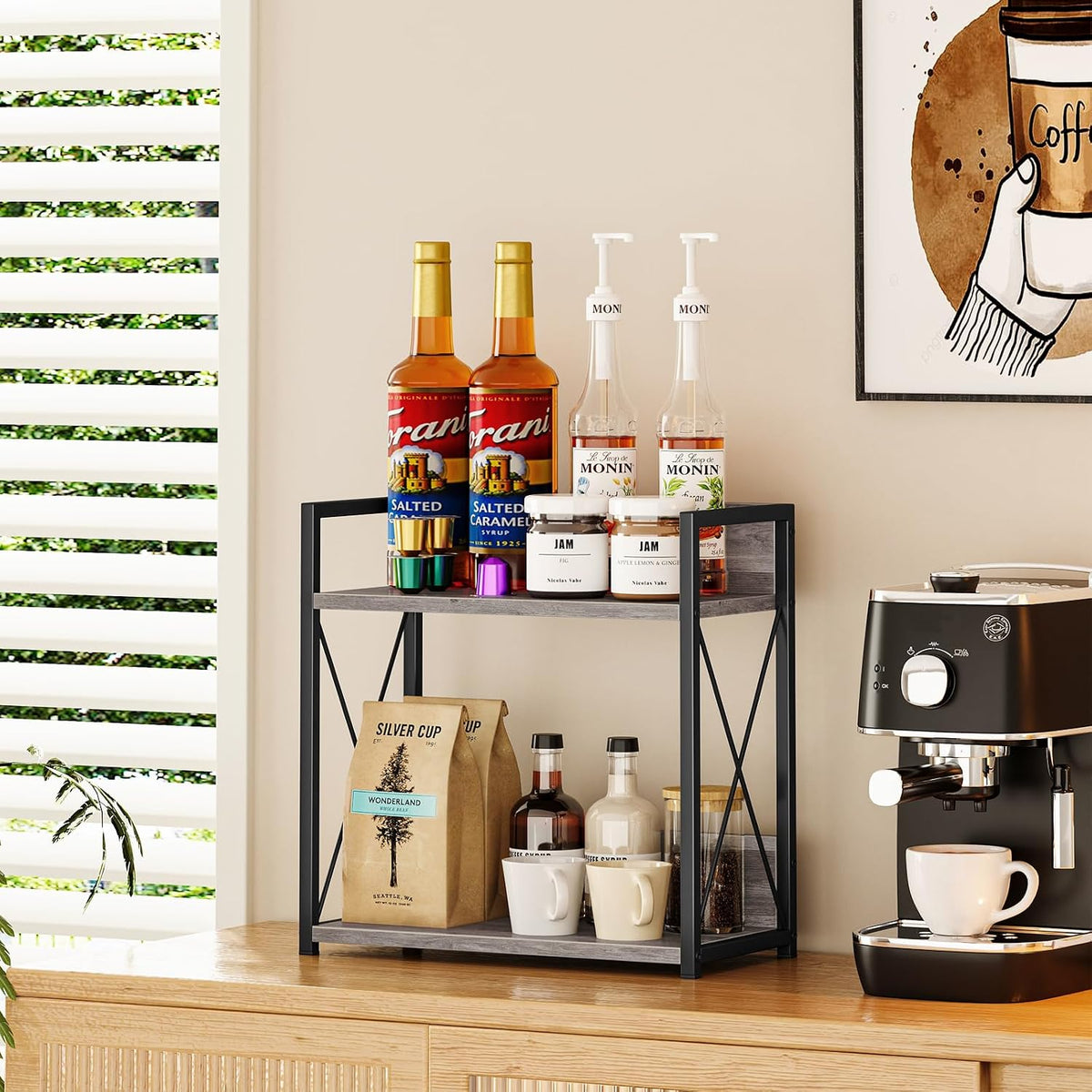 Giikin Coffee Bar Accessories, 2 Tier Spice Rack for Counter, Gray Kitchen Countertop Organizer (Grey, L)