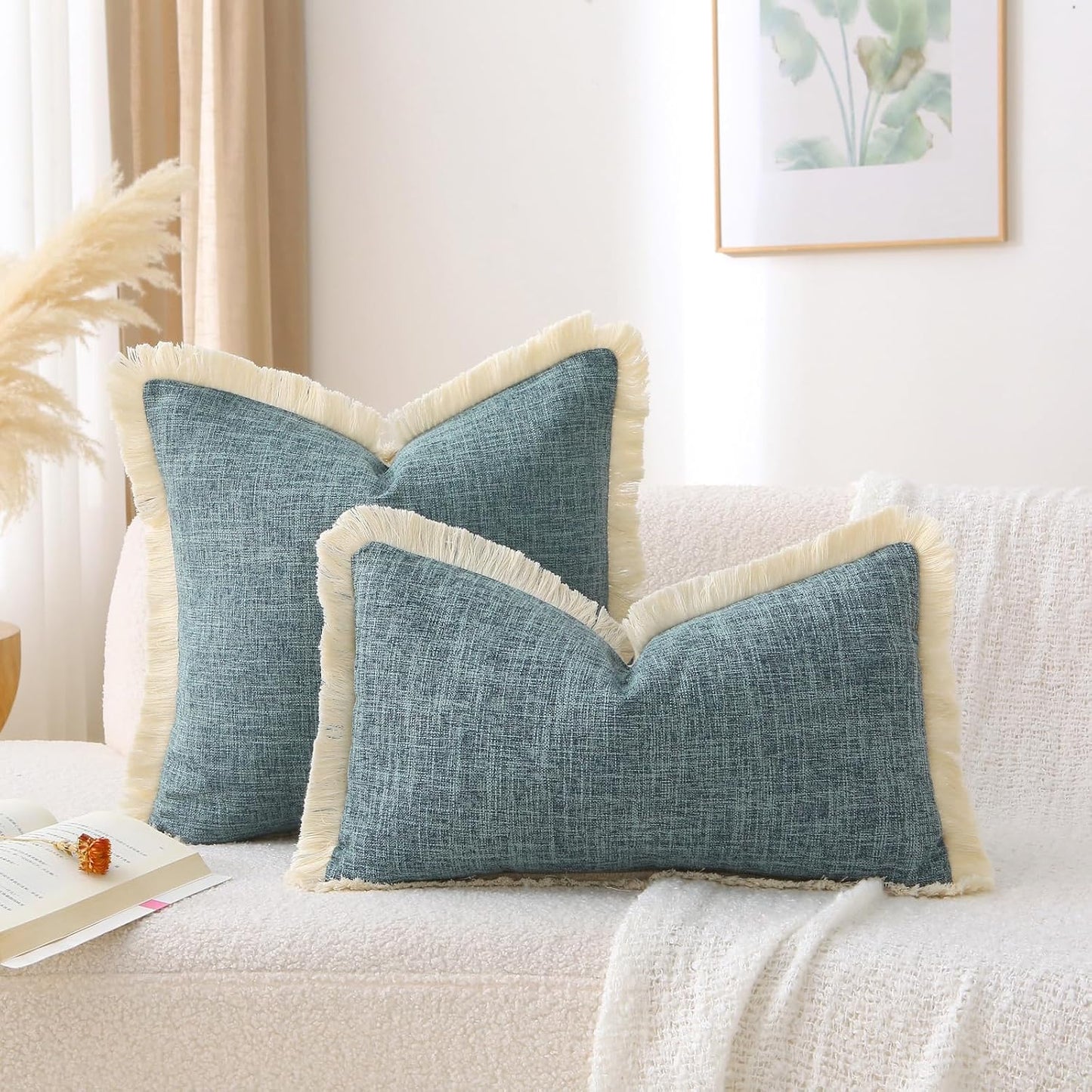 Boho Decorative Throw Pillow Covers Tassels Rectangle Linen Lumbar / Gray Blue / 20 x 12 / Set of 2