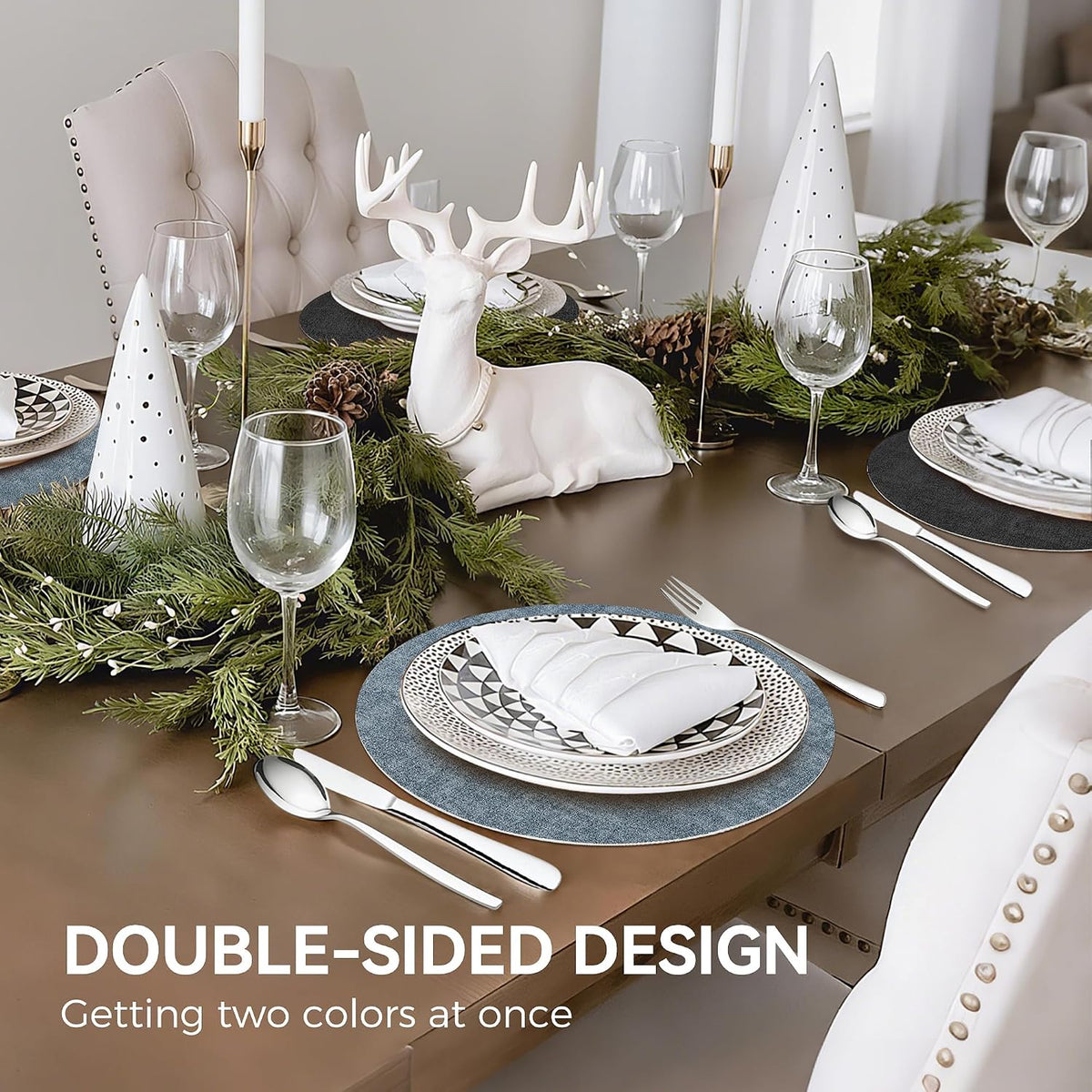 NCUE 13" Faux Leather Round Placemats Set of 6, Reversible Dual-Color | With 3.9" Coasters, 2 mm Vinyl Table Mats