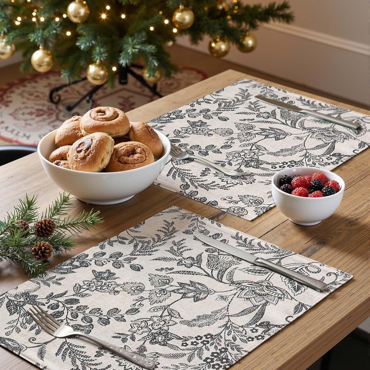 JINCHAN Linen Floral Placemats Set of 4 Farmhouse 13x19 Inch Black | Fabric Placemats, Cottage Style, Vintage Botanical