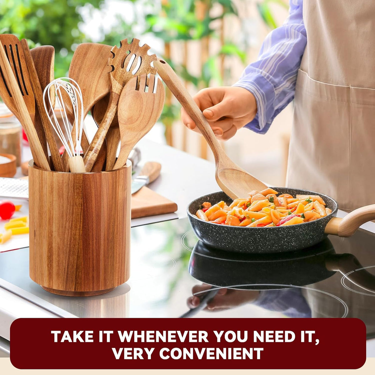 SiliFine 11 Pcs Wooden Kitchen Utensils Set with 360° Straight Rotating Holder Acacia Wood Cooking Utensils with