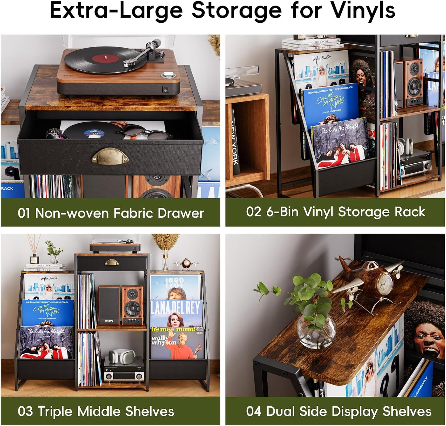 Record Player Stand with Vinyl Storage – Record Table with Holder,6-Bin Vinyl Storage Rack & Drawer, Dual Side Display