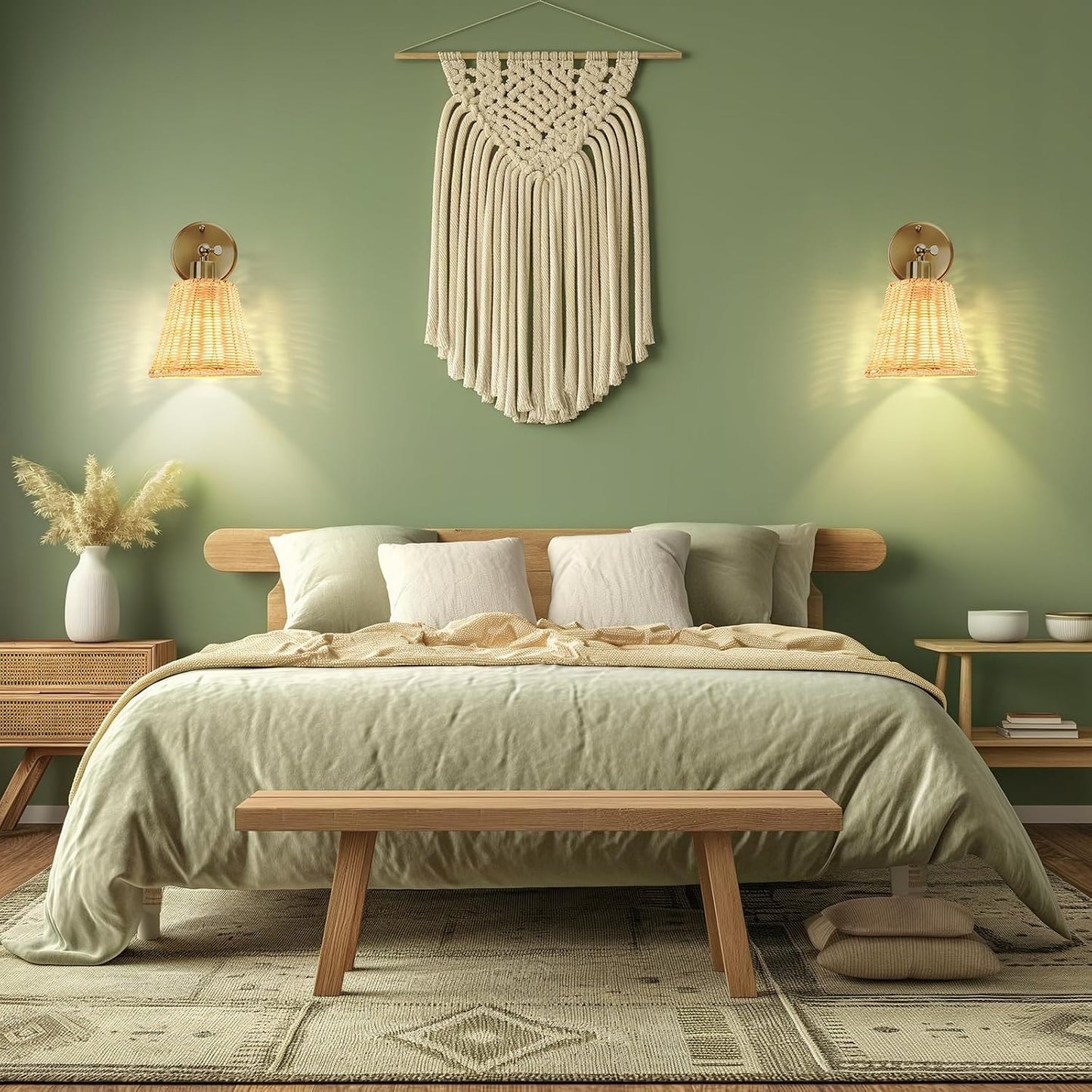 Frideko Rattan Rechargeable Battery Operated Wall Sconces Set of Two with Remote, 3 Colors Dimmable Wireless Wall