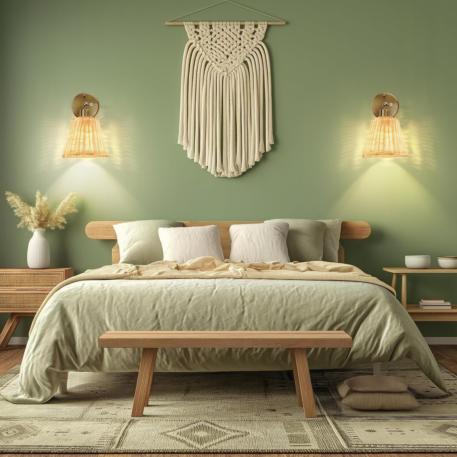 Frideko Rattan Rechargeable Battery Operated Wall Sconces Set of Two with Remote, 3 Colors Dimmable Wireless Wall