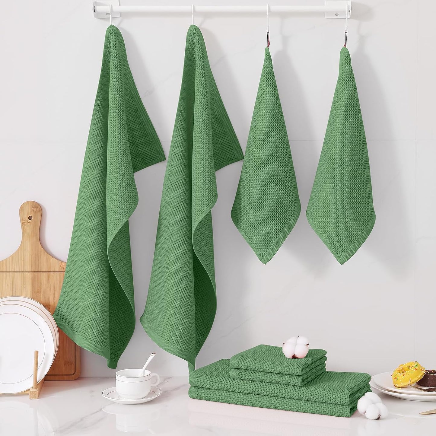 Homaxy 12 Pack 100% Cotton Kitchen Towels and Dishcloths Set, Grass Green | 12 x 12 Inches and 13 x 28 Inches Kitchen
