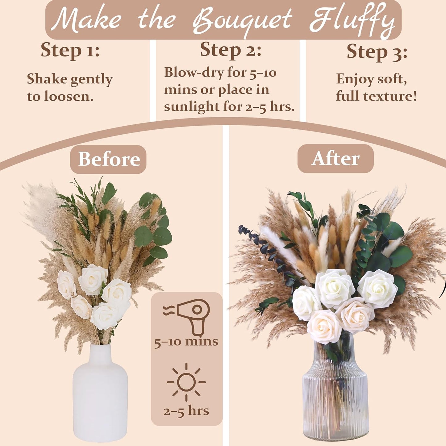 17" Boho Mixed Dried Flower Bouquet for Vase / Natural / Set of 120