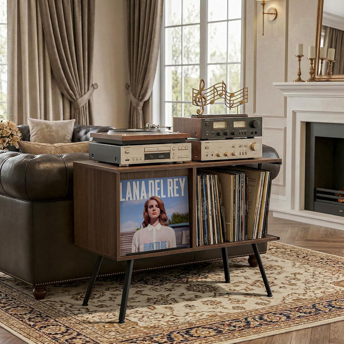 Faesun Record Player Stand with Flip-Down Record Shelf, Walnut | Vinyl Record Storage Holds up to 150+ Albums