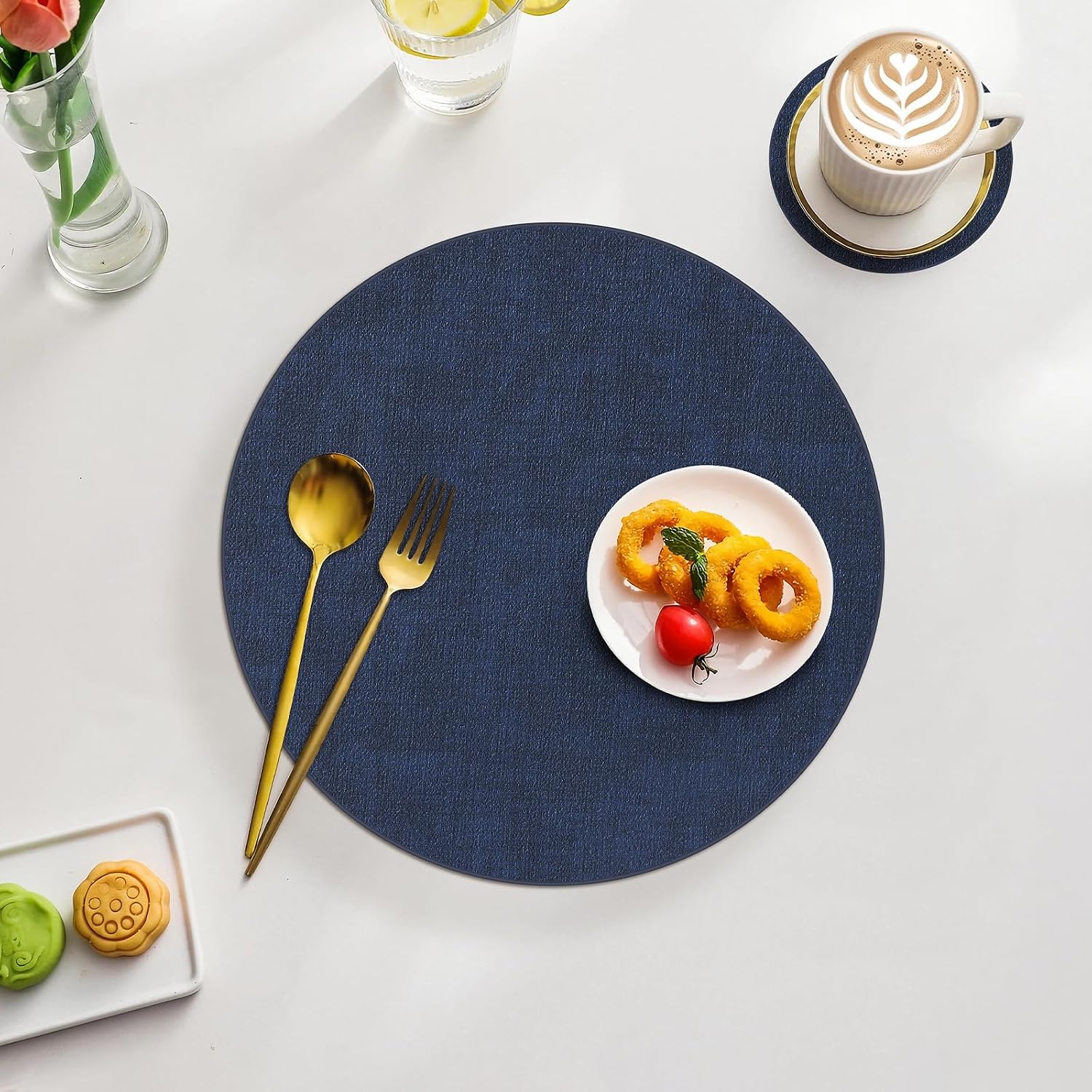 Homaxy Round Faux Leather Placemats and Coasters, Set of 12, Navy Blue | Washable Dual-side Table Mats, Wipeable Place