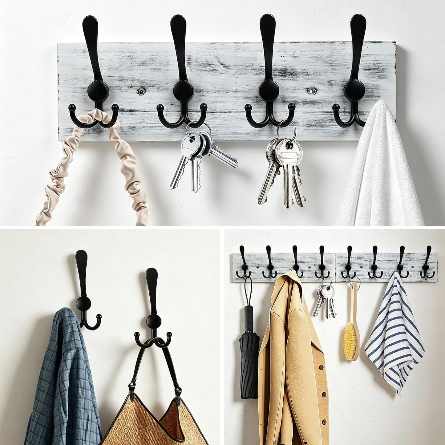 31.5" Large Coat Rack Wall Mount Coat Hooks with 8 Black Metal Triple Hooks, 1.4cm Thick Solid Pine Wood Wall Hooks for