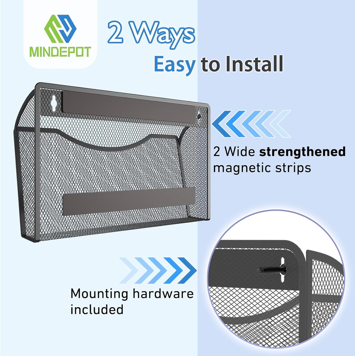 MINDEPOT Magnetic Wall File Organizer, Hanging File Holder, 3 Pack, Black | Heavy Duty Iron, Powerful Magnet, Metal