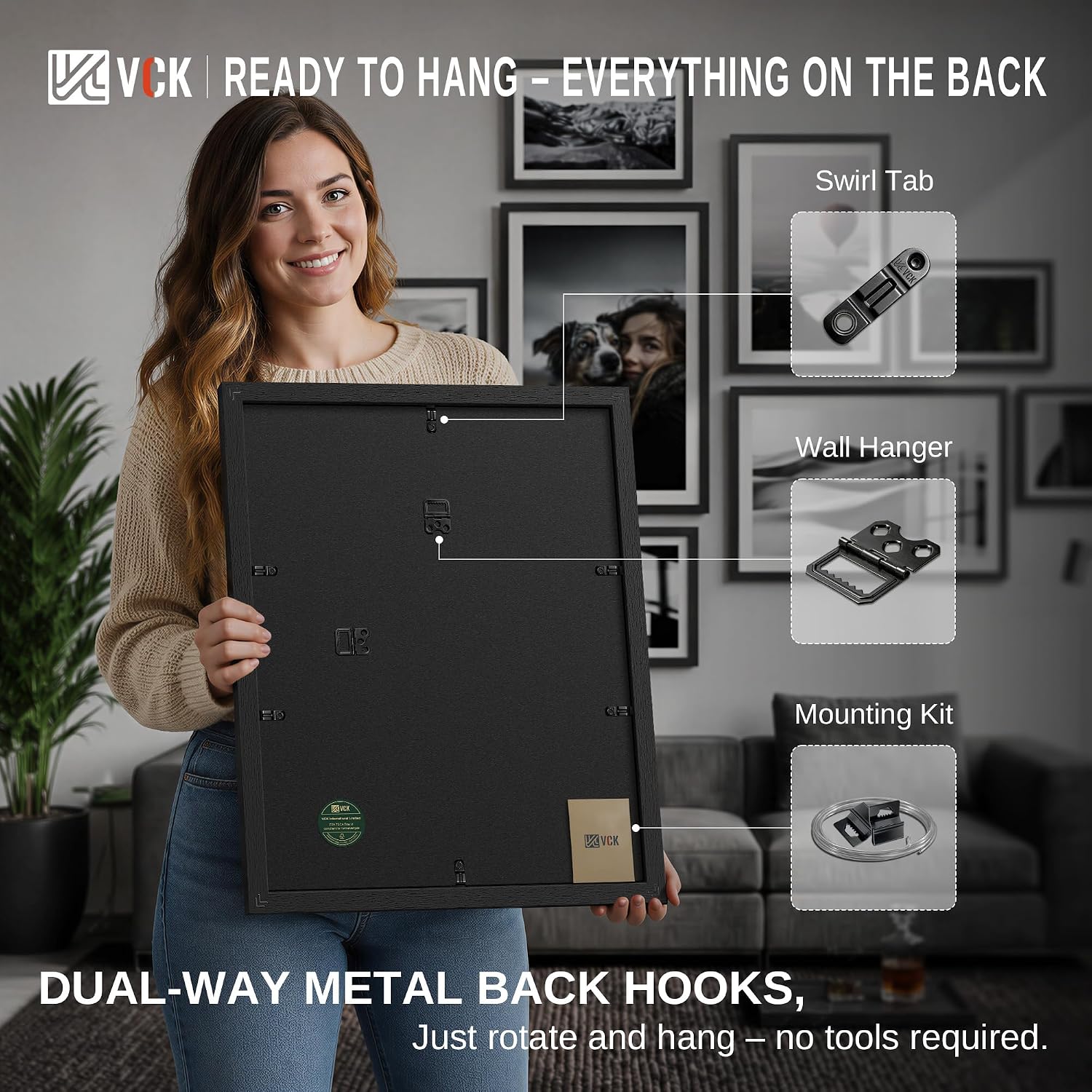 VCK 16x20 Frames 3 Pack, Black Solid Wood 16 x 20 Picture Frame, Wall Mounting Horizontal & Vertical Display