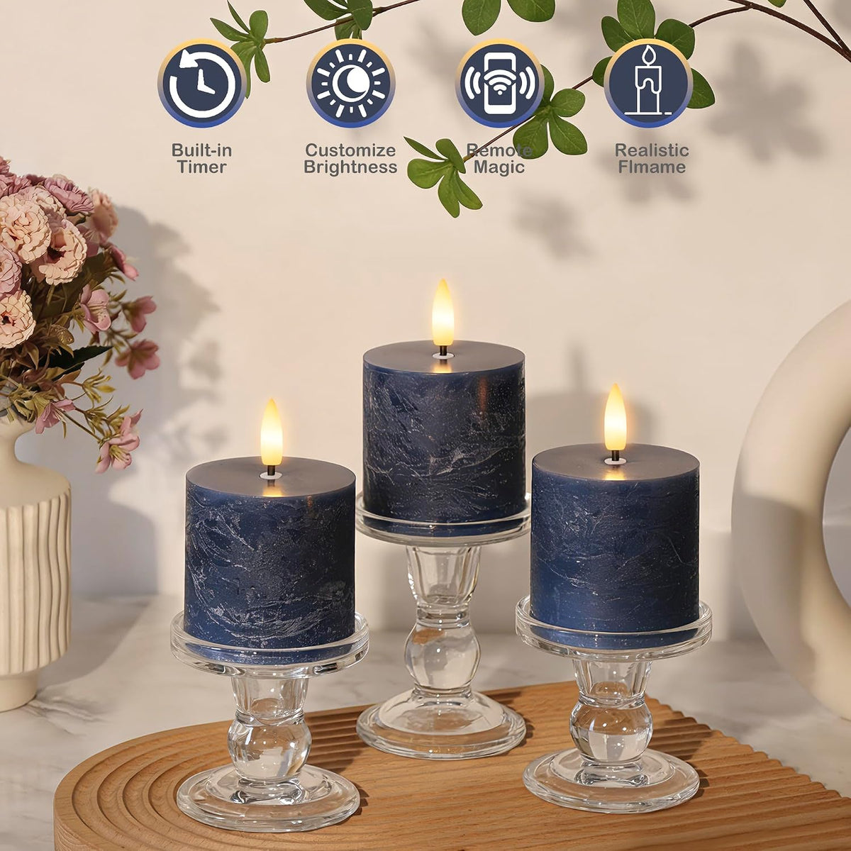 Navy Blue Flameless Candles with Remote and Timer, Fake Candles Set of 3 | 3 x 3 Inch Battery Operated Pillar Candles