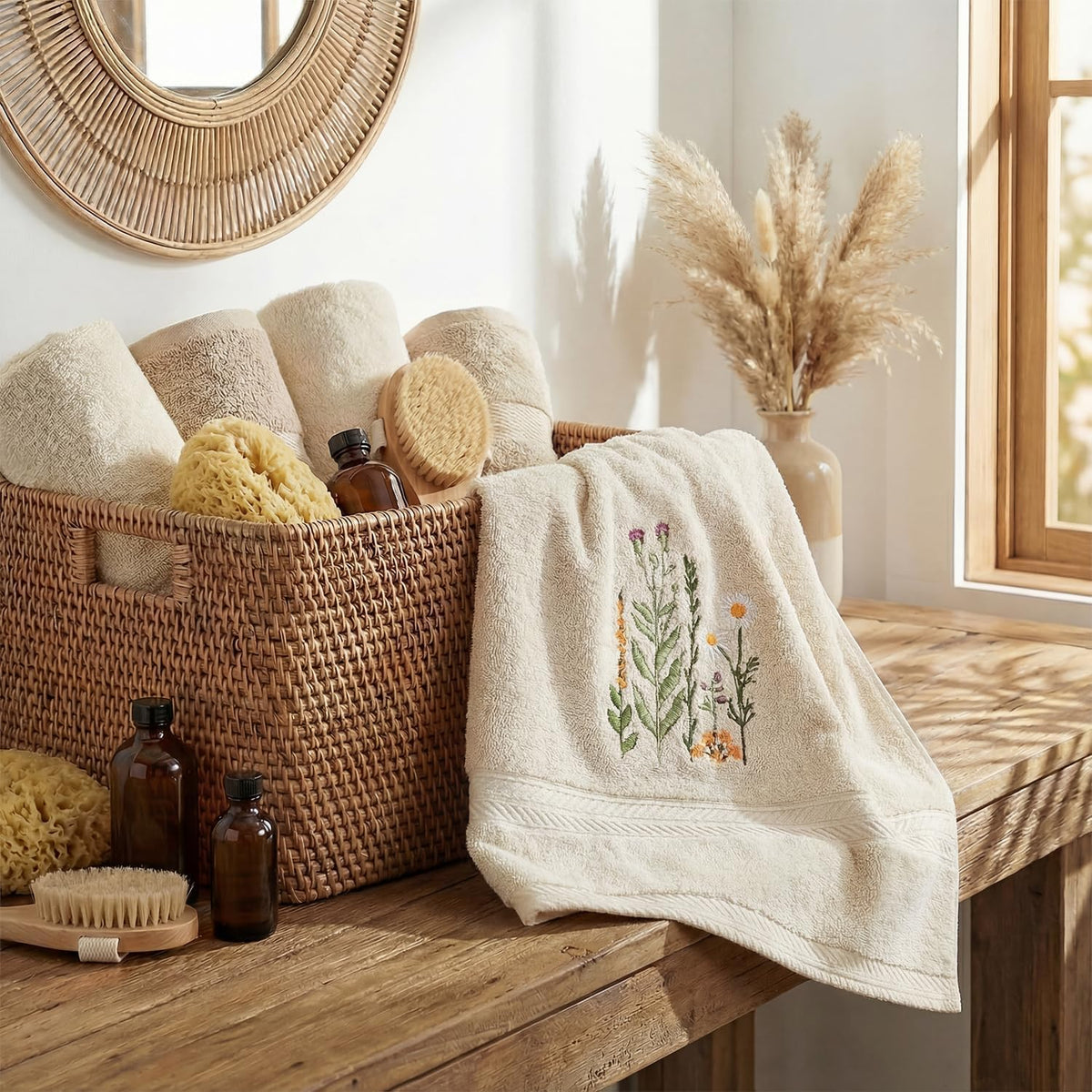 Artoid Mode 2 Pcs Beige Wildflower Floral Embroidered Hand Towels for Bathroom, 100% Cotton Soft Absorbent Farmhouse