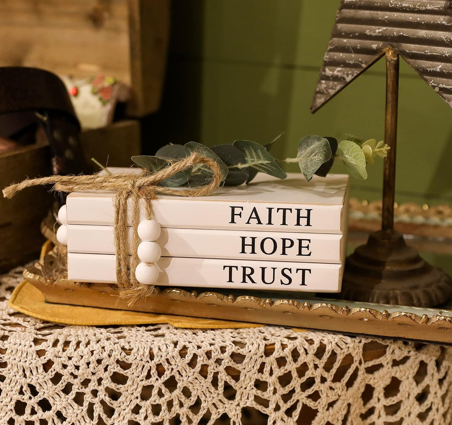 Wooden Decorative Books / Faith, Hope, Trust / White / Set of 3